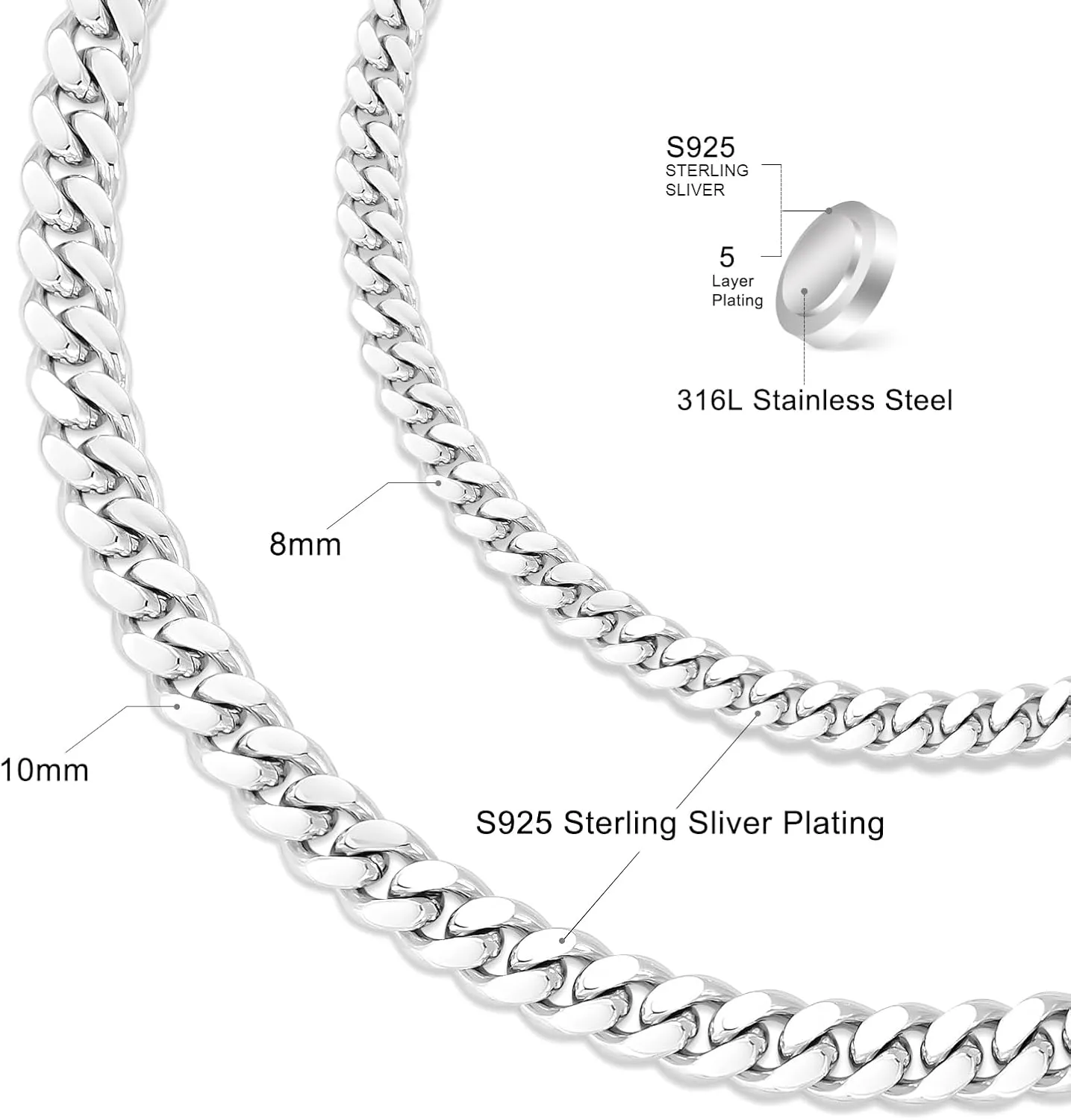 KRKC&CO Cuban Link Chain for Mens Women, 8/10mm Miami Cuban Chain, 316l Stainless Steel and 925 Sterling Silver Filled Necklaces Hip Hop Jewelrys for Him