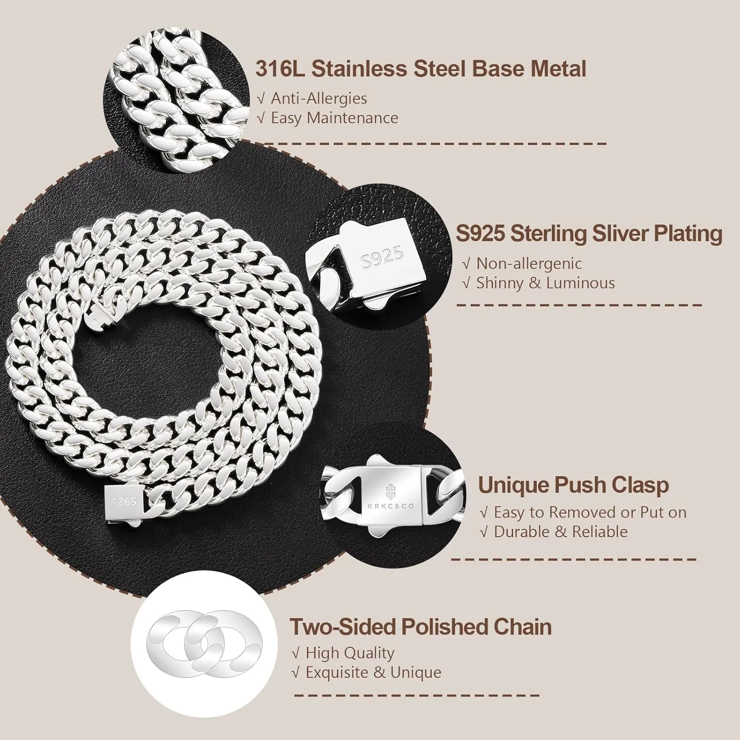 KRKC&CO Cuban Link Chain for Mens Women, 8/10mm Miami Cuban Chain, 316l Stainless Steel and 925 Sterling Silver Filled Necklaces Hip Hop Jewelrys for Him