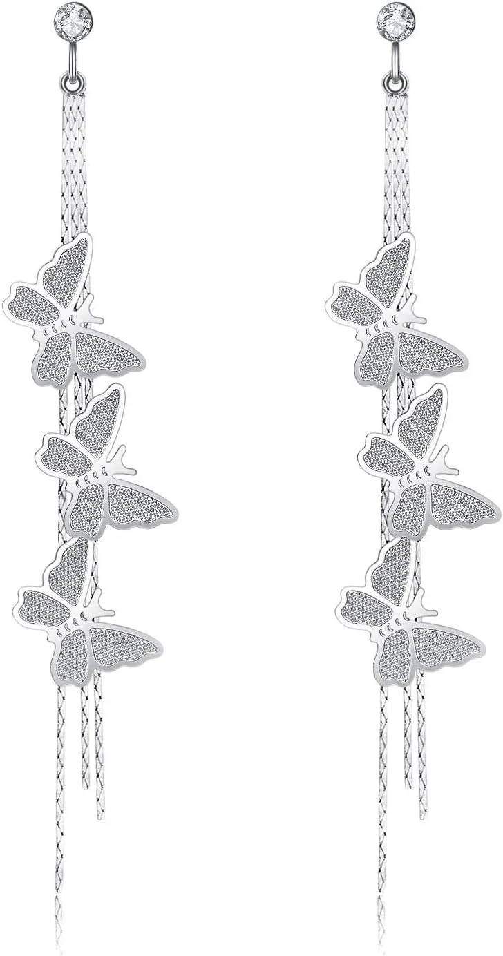 Kruckel Butterfly Long Drop Dangling Earrings -Sparkly Bright Arc-Shaped, Spring-Inspired Dangle Women Jewelry, Flying Silver, Easy - Wear Fashion Design Accesory Packed with Durable Jewelry Box