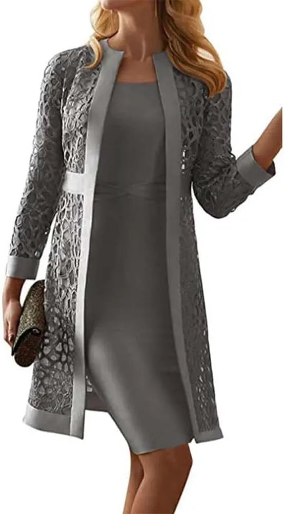 Lace Chiffon 2 Piece Set Dress for Women Elegant Long Sleeve Casual Dress Knee Length A Line Wedding Guest Dresses