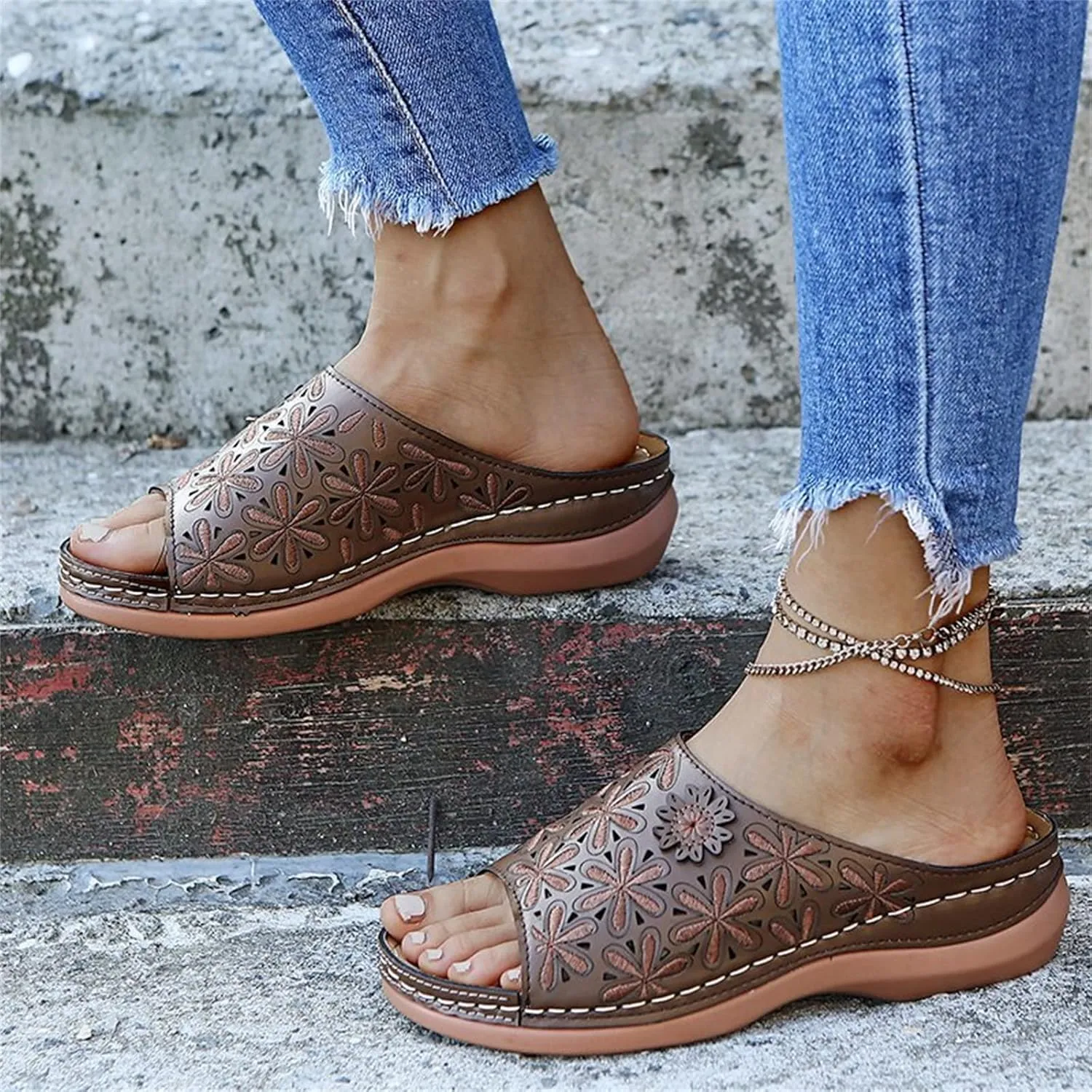 Ladmiple Sandals Women Comfortable Walking Fashion Orthotic Slides Athletic Sandals Slip On Slippers With Arch Support
