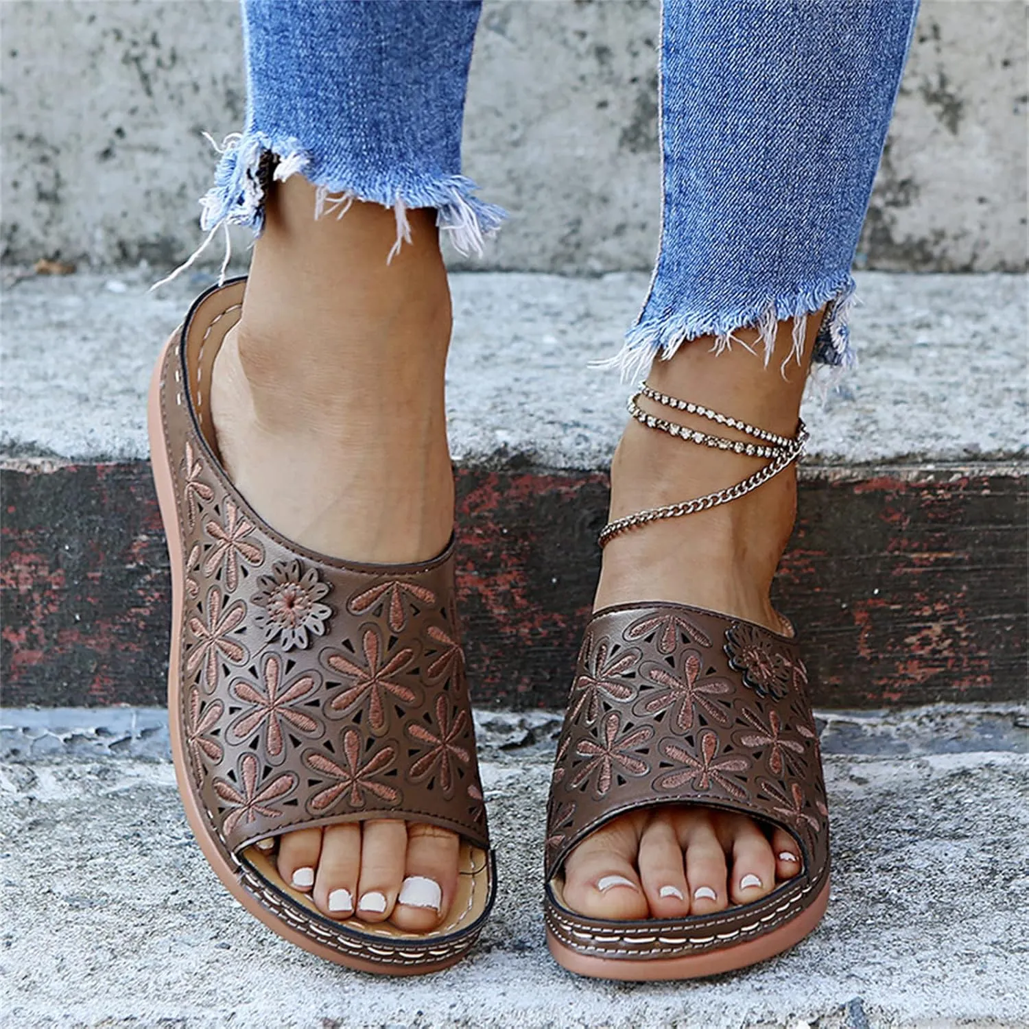 Ladmiple Sandals Women Comfortable Walking Fashion Orthotic Slides Athletic Sandals Slip On Slippers With Arch Support
