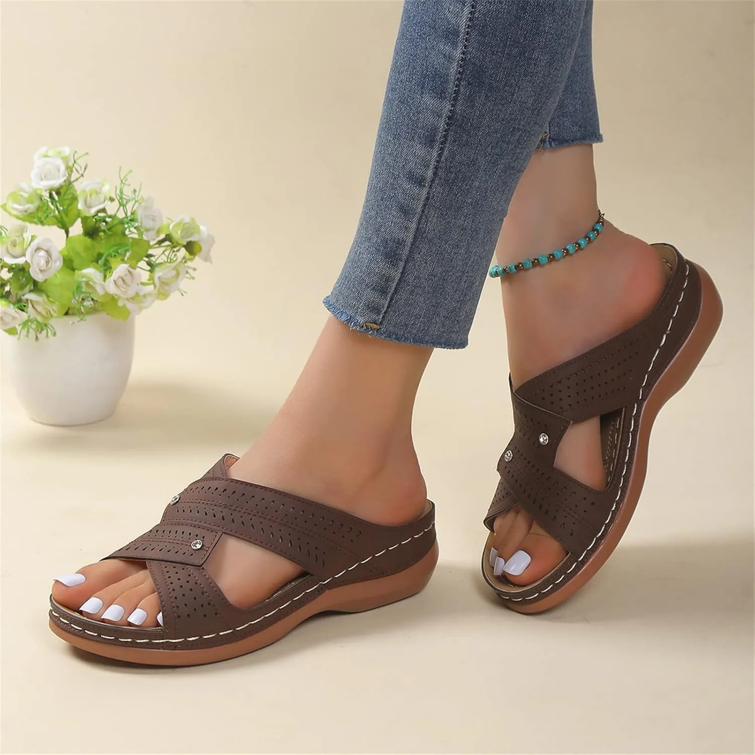 Ladmiple Womens Sandals Comfortable Arch Support Orthopedic Slides Slippers Plantar Fasciitis Summer Orthotic Flip Flops