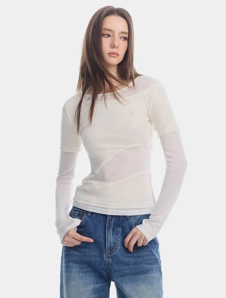 Layered Mesh Stitch Detail Long Sleeve Top  Soft White