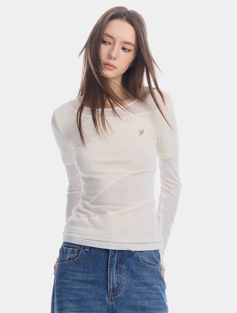 Layered Mesh Stitch Detail Long Sleeve Top  Soft White