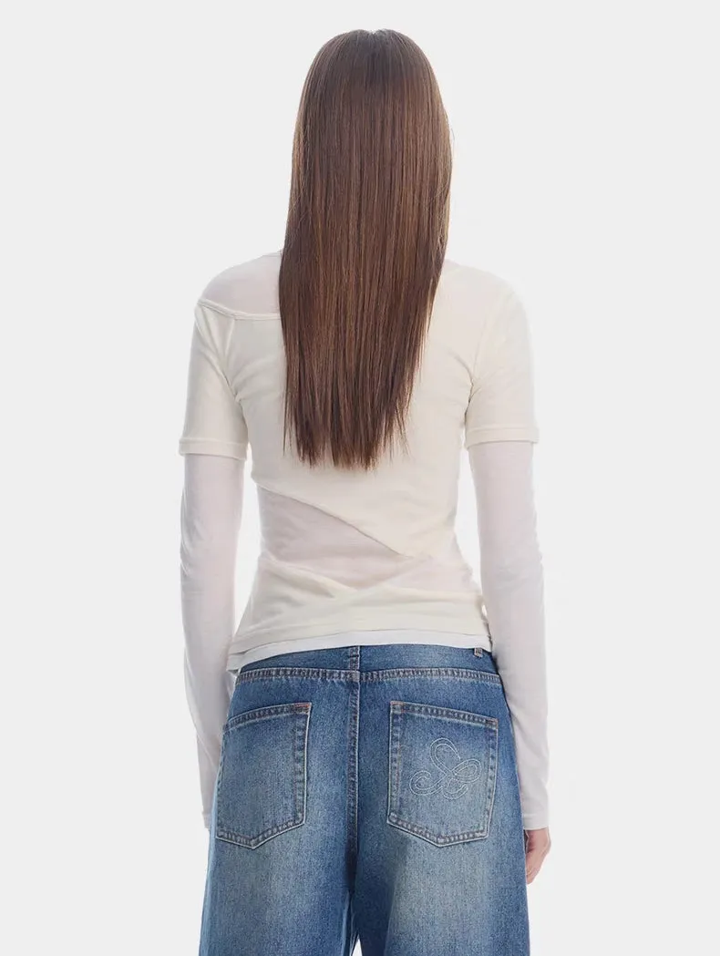 Layered Mesh Stitch Detail Long Sleeve Top  Soft White