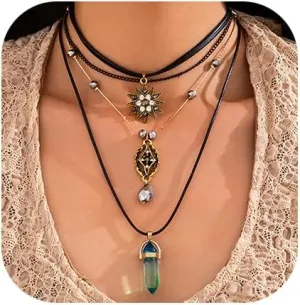 Layered Sun Necklace for Women Stacked Crystal Chain Necklace Pendant Hippie Boho Choker Jewelry