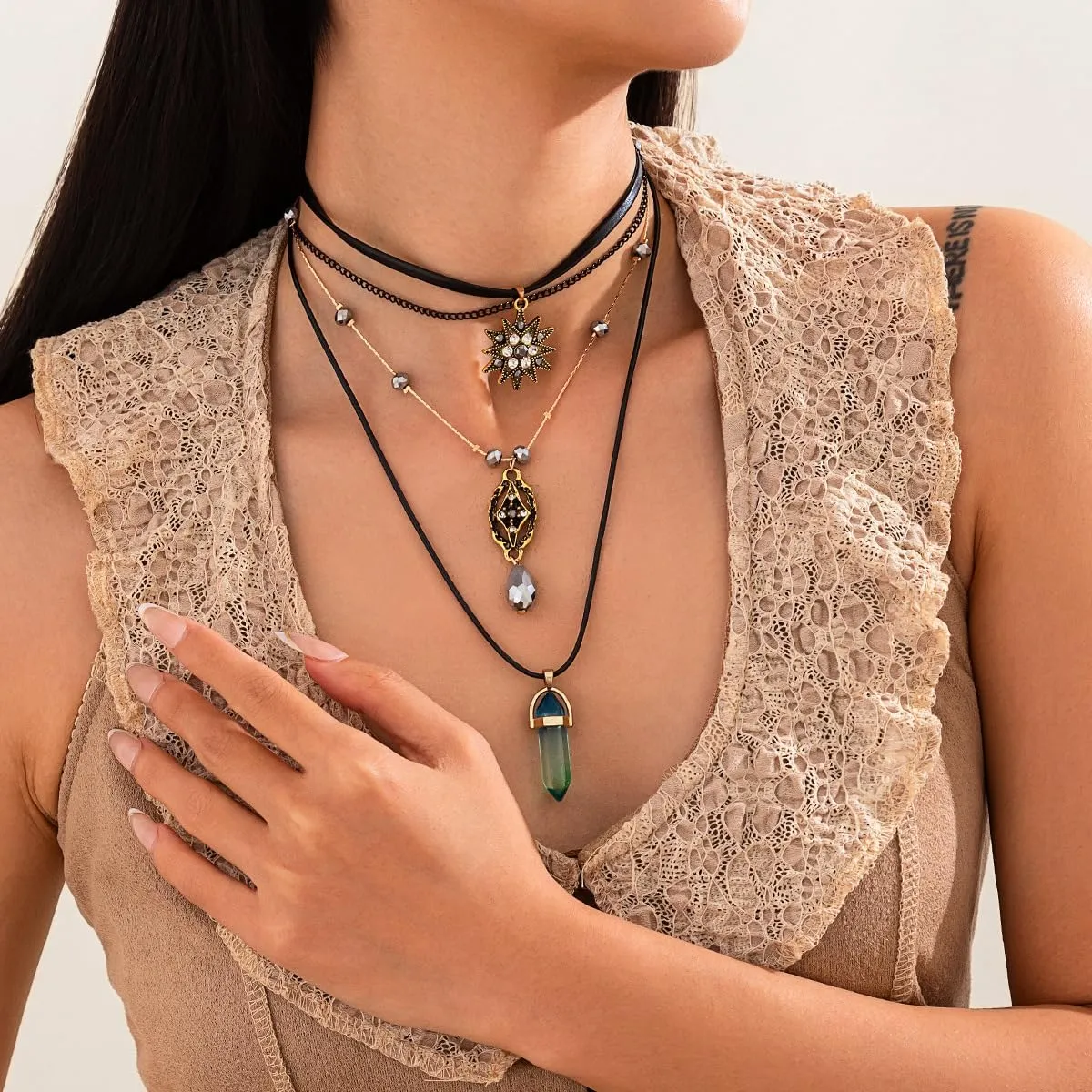 Layered Sun Necklace for Women Stacked Crystal Chain Necklace Pendant Hippie Boho Choker Jewelry