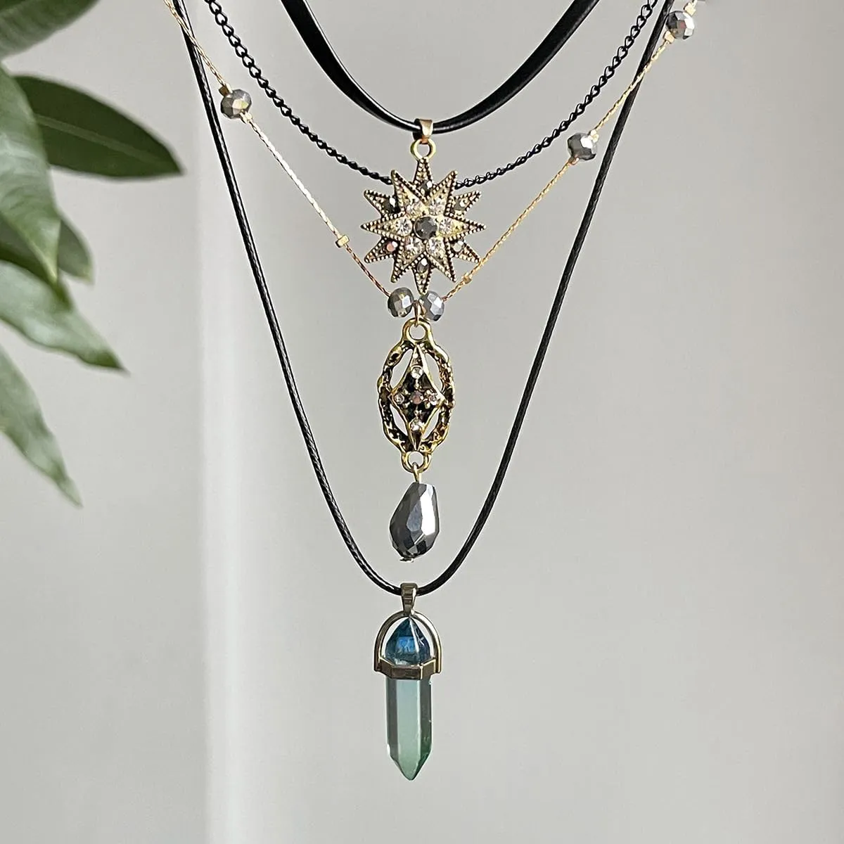 Layered Sun Necklace for Women Stacked Crystal Chain Necklace Pendant Hippie Boho Choker Jewelry