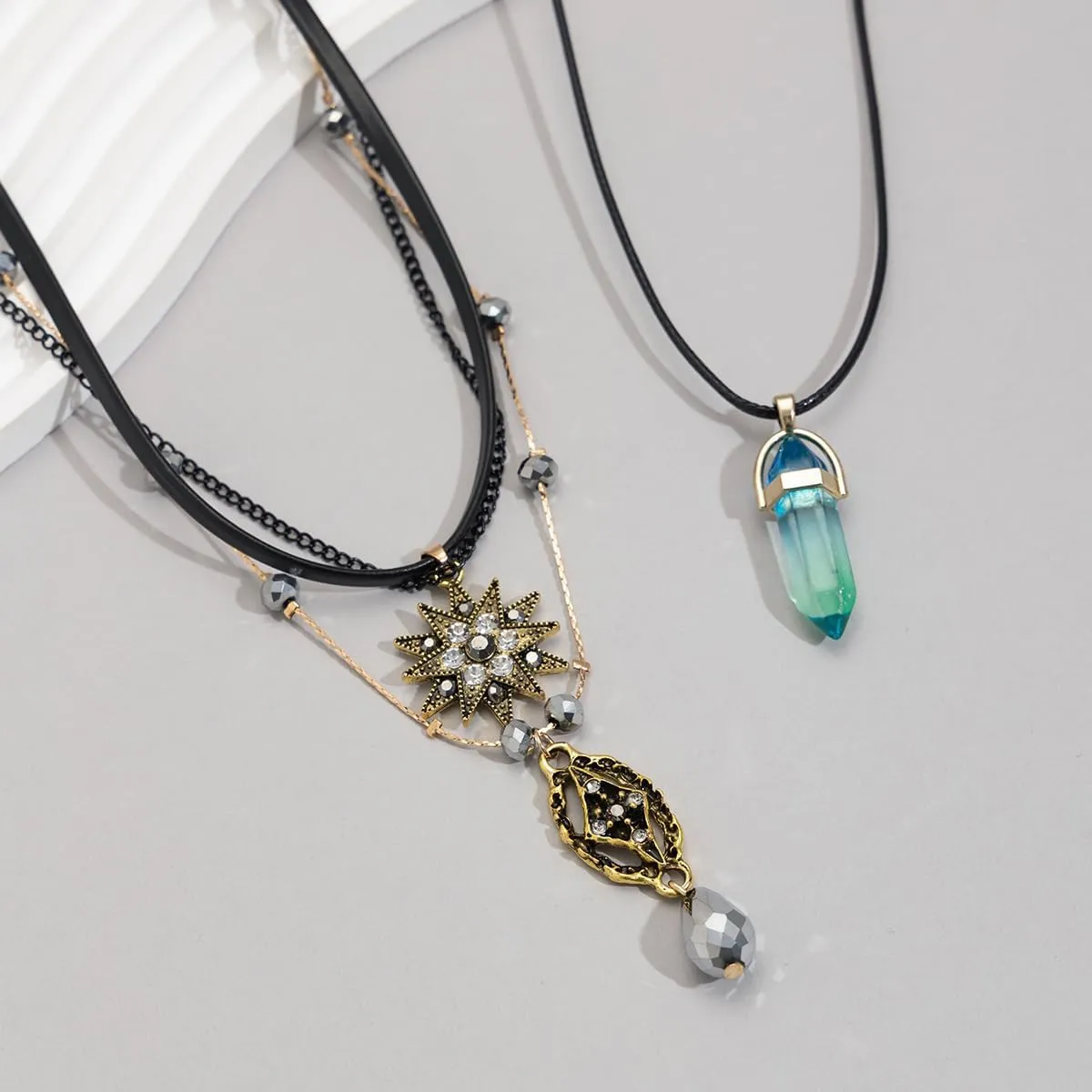 Layered Sun Necklace for Women Stacked Crystal Chain Necklace Pendant Hippie Boho Choker Jewelry