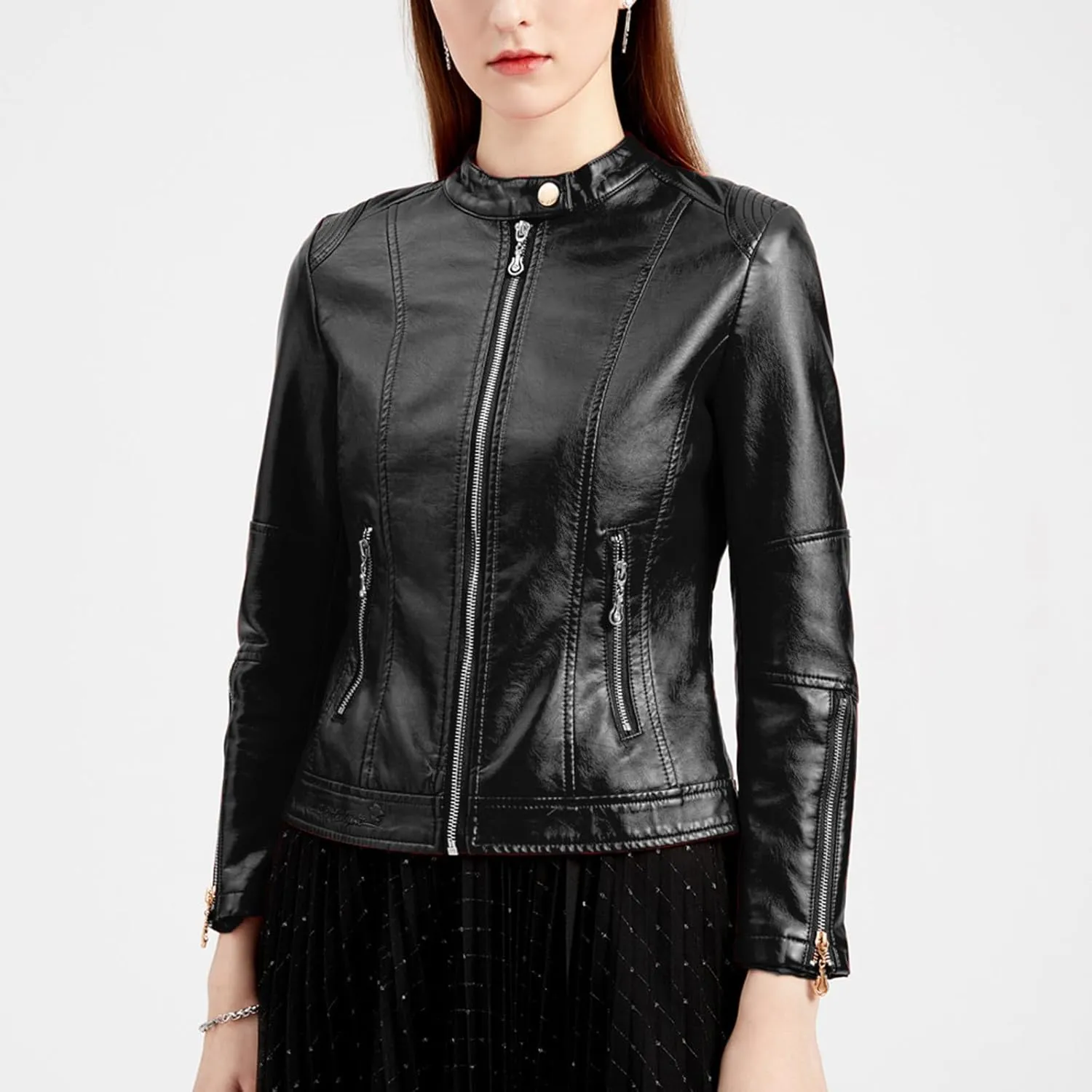 Leather Jacket Women Full Zip Long Sleeve Bomber Jacket Outdoor Windproof Moto Coats Fall Winter Slim Leather Outwear
