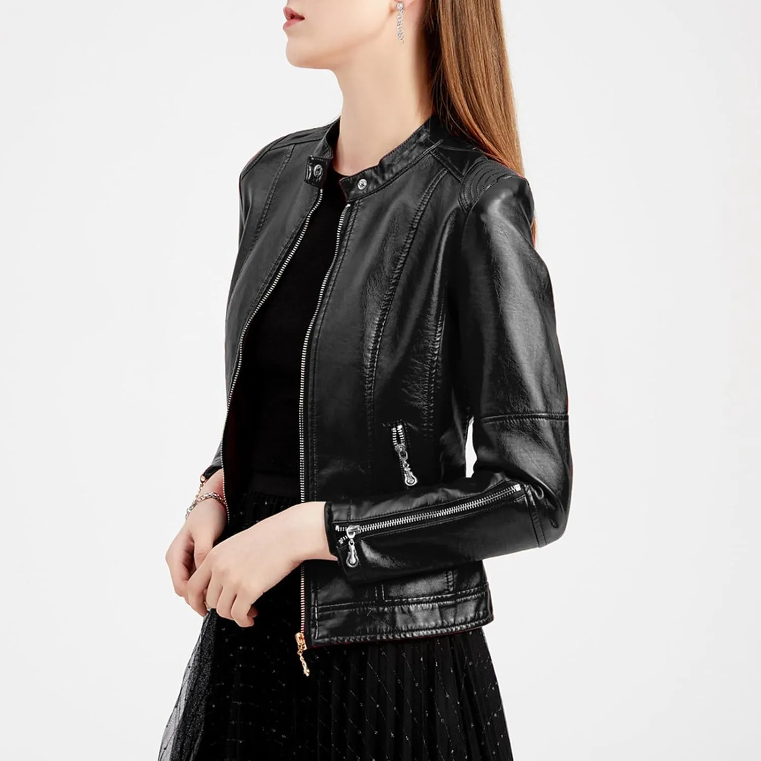 Leather Jacket Women Full Zip Long Sleeve Bomber Jacket Outdoor Windproof Moto Coats Fall Winter Slim Leather Outwear