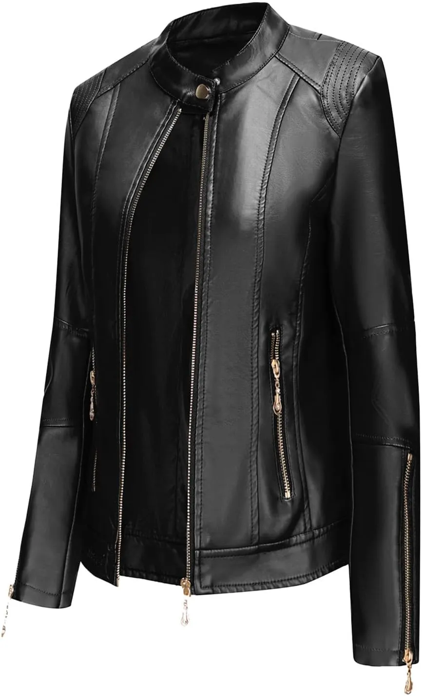 Leather Jacket Women Full Zip Long Sleeve Bomber Jacket Outdoor Windproof Moto Coats Fall Winter Slim Leather Outwear