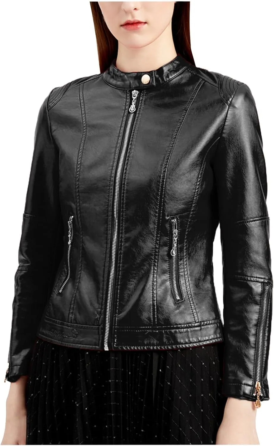 Leather Jacket Women Full Zip Long Sleeve Bomber Jacket Outdoor Windproof Moto Coats Fall Winter Slim Leather Outwear