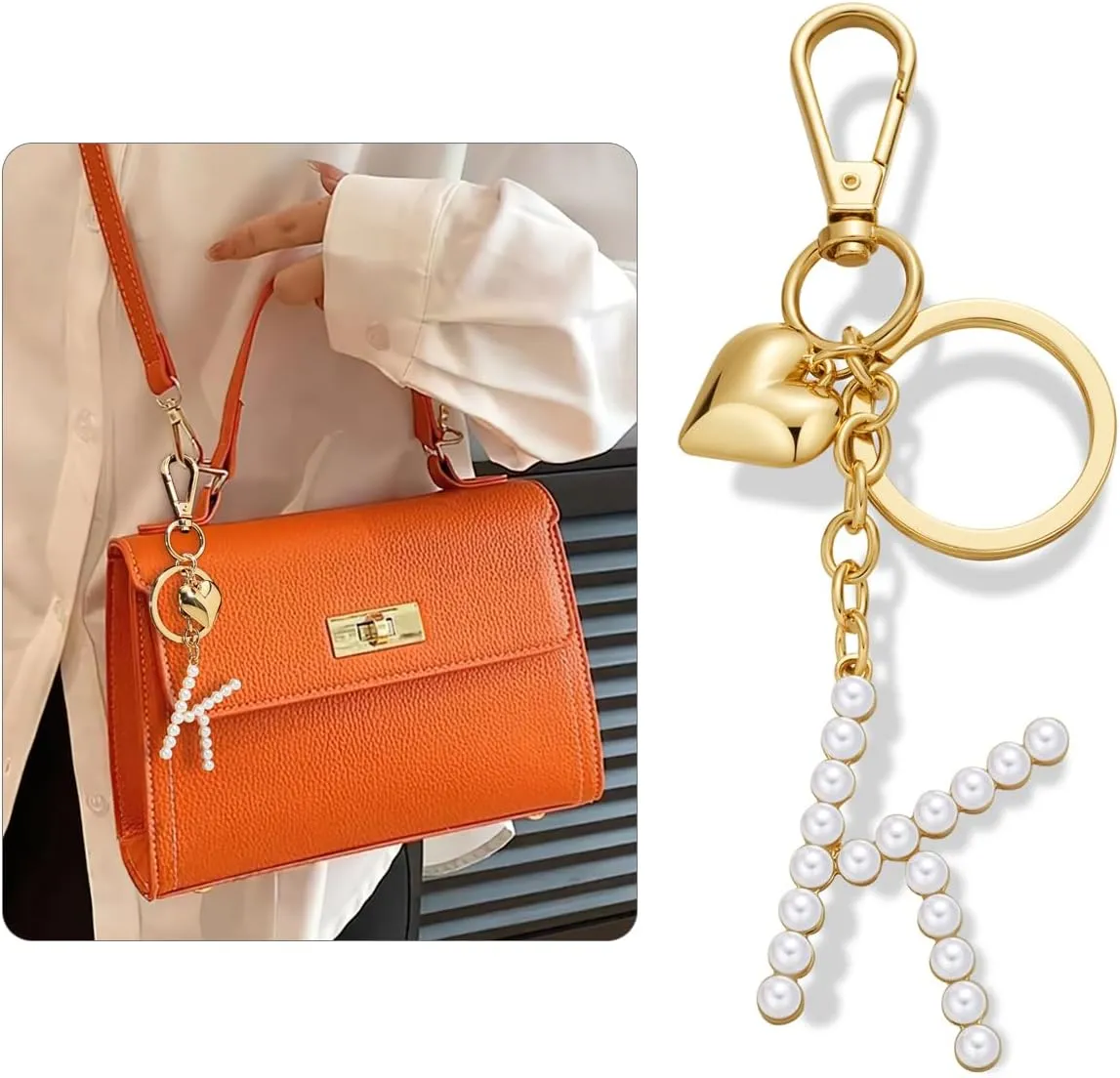 LILIE&WHITE Gold Keychains For Women With Imitation Pearl Letter Purse Charms Gold Bag Charms