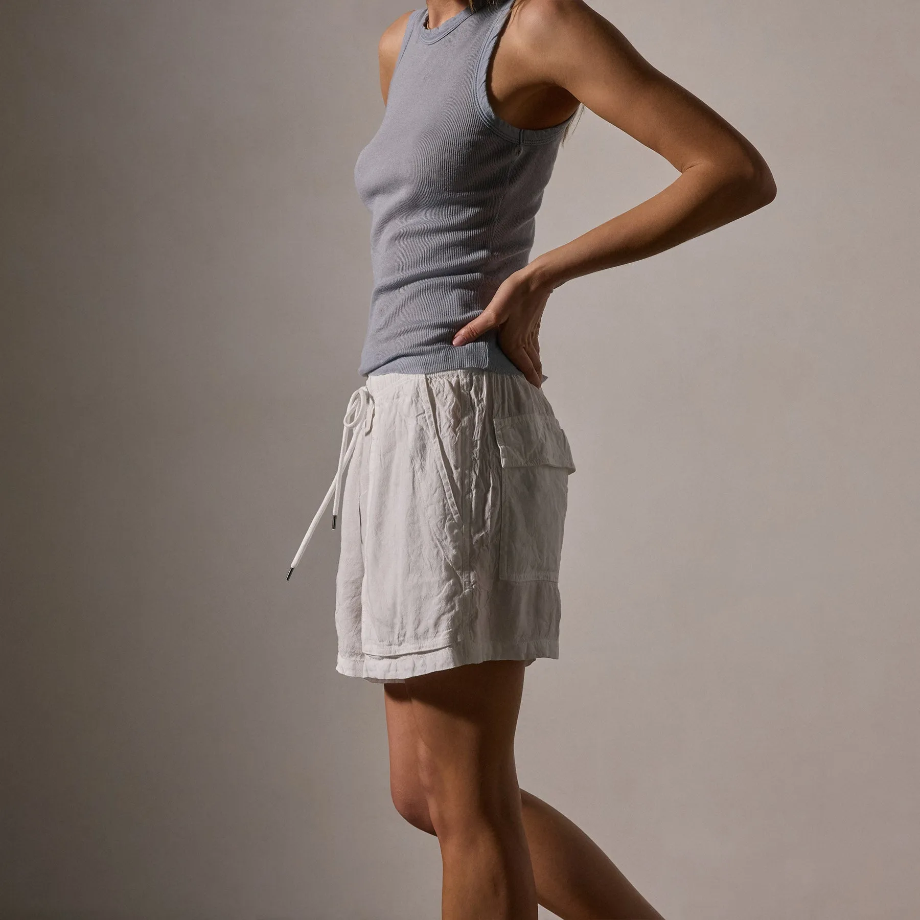Linen Blend Utility Short - White