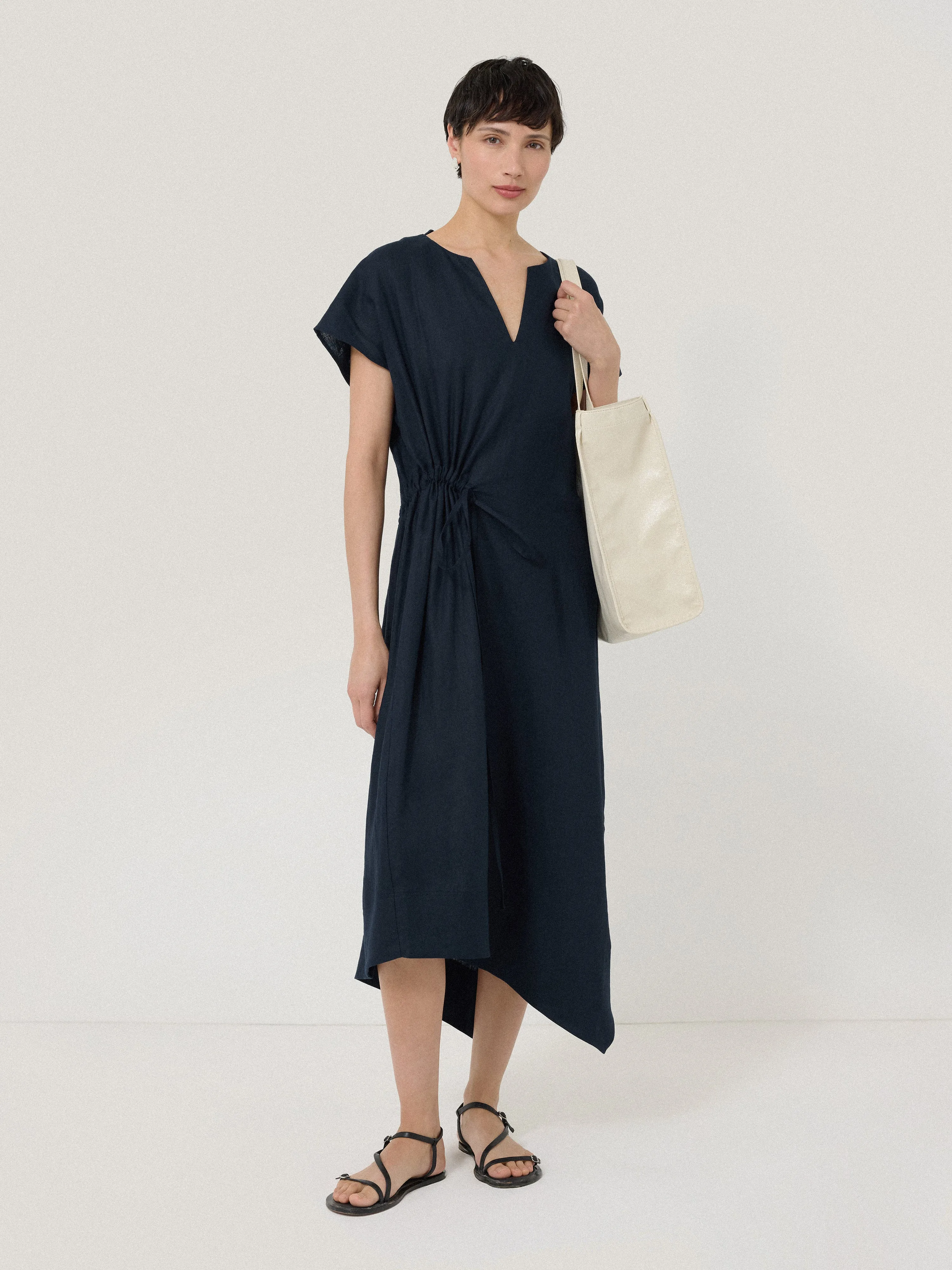 Linen Channel Midi Dress | Navy