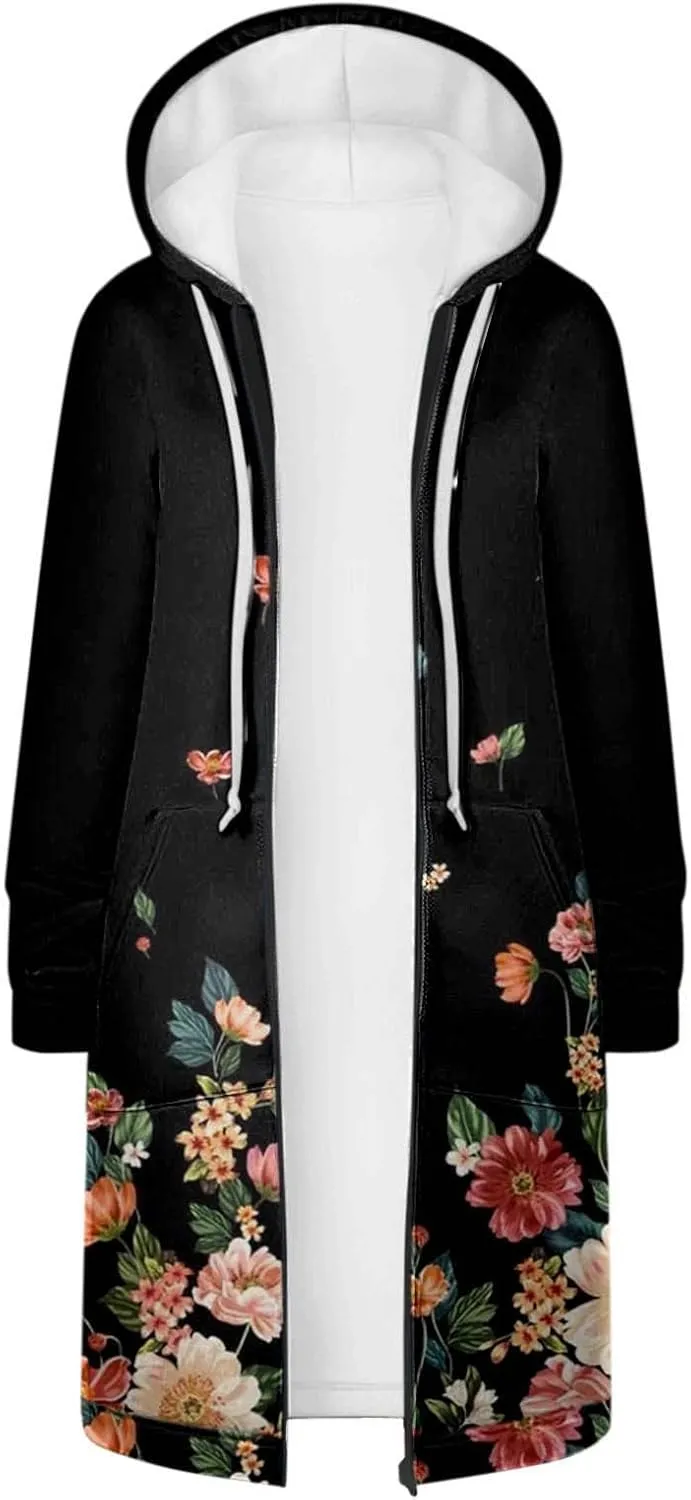 Long Jacket for Women Long Sleeve V Neck Full Zip Up Printed Trench Hooded Coat with Pocket Drawstring Trendy Casual Winter