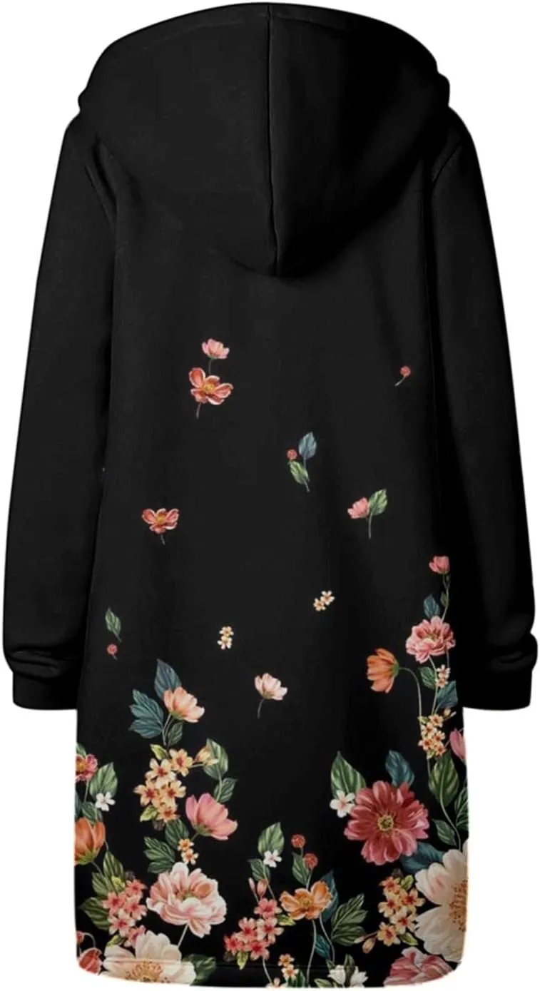 Long Jacket for Women Long Sleeve V Neck Full Zip Up Printed Trench Hooded Coat with Pocket Drawstring Trendy Casual Winter