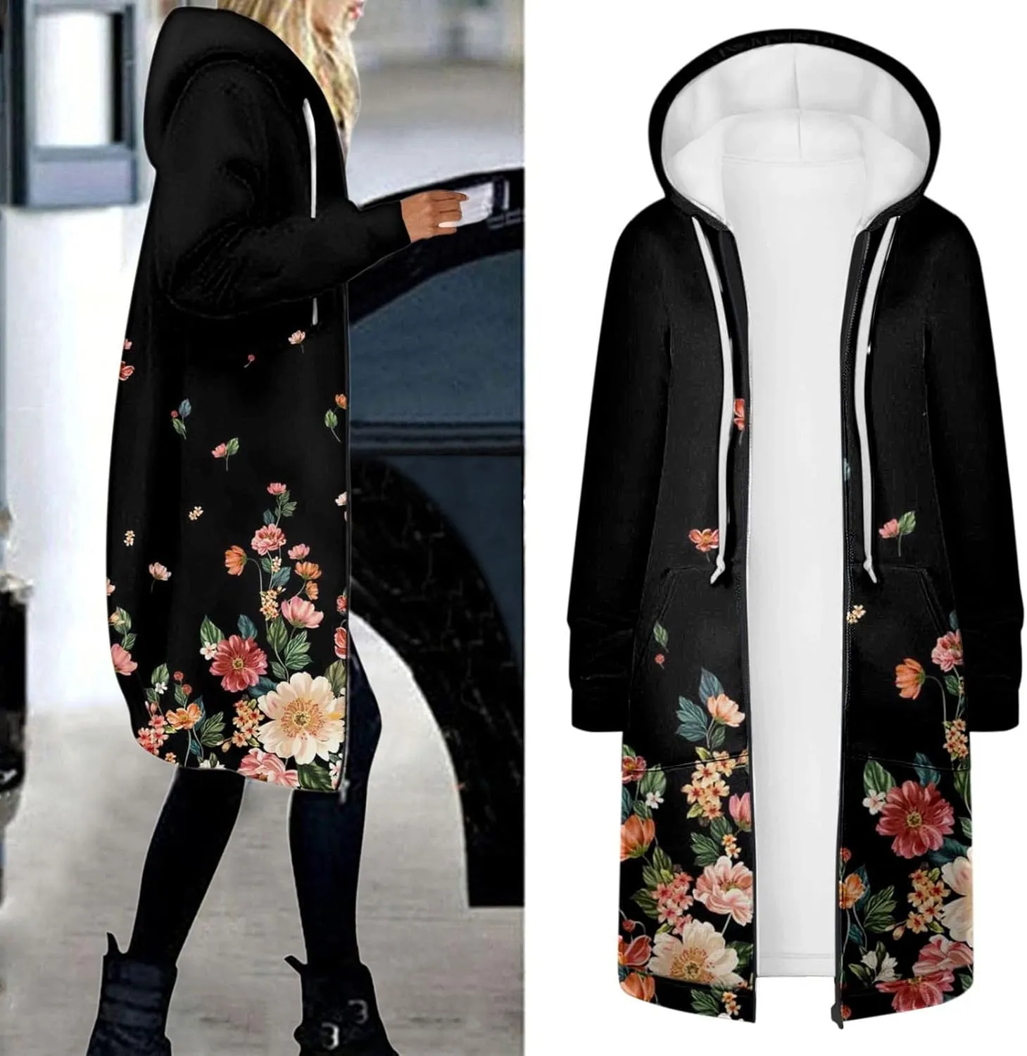 Long Jacket for Women Long Sleeve V Neck Full Zip Up Printed Trench Hooded Coat with Pocket Drawstring Trendy Casual Winter