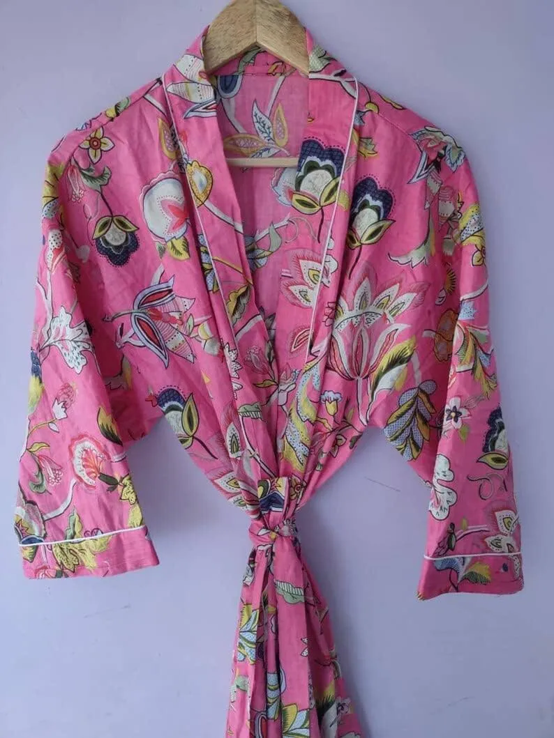 Long Kimono Bathrobe Nightwear Women Cloth Robe Cotton Floral Screen Printed Night Wear Cotton Maxi