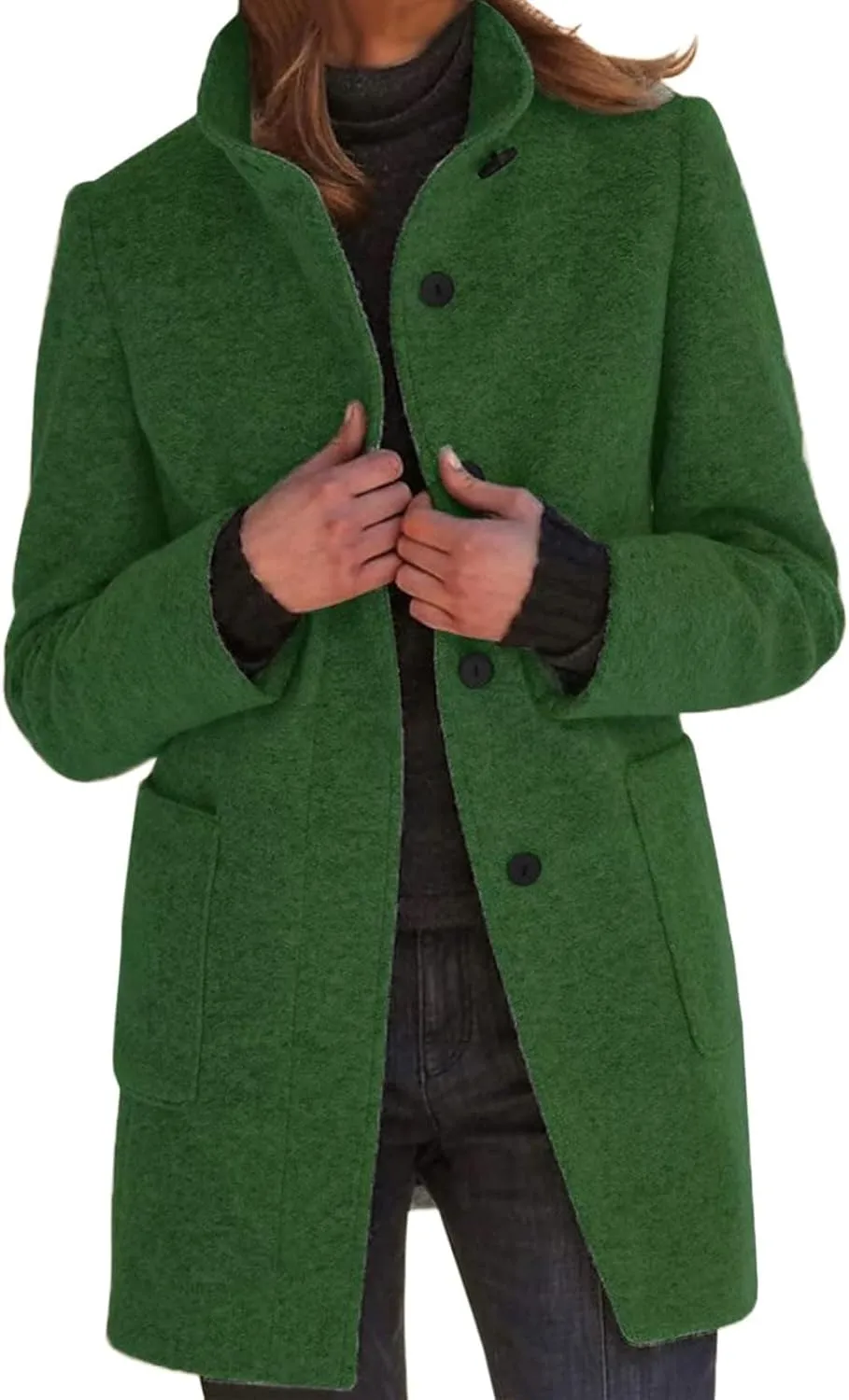 Long Pea Coats for Women Casual Thicken Wool Blend Stand Collar Single Breasted Peacoat Elegant Trench Coat Overcoat