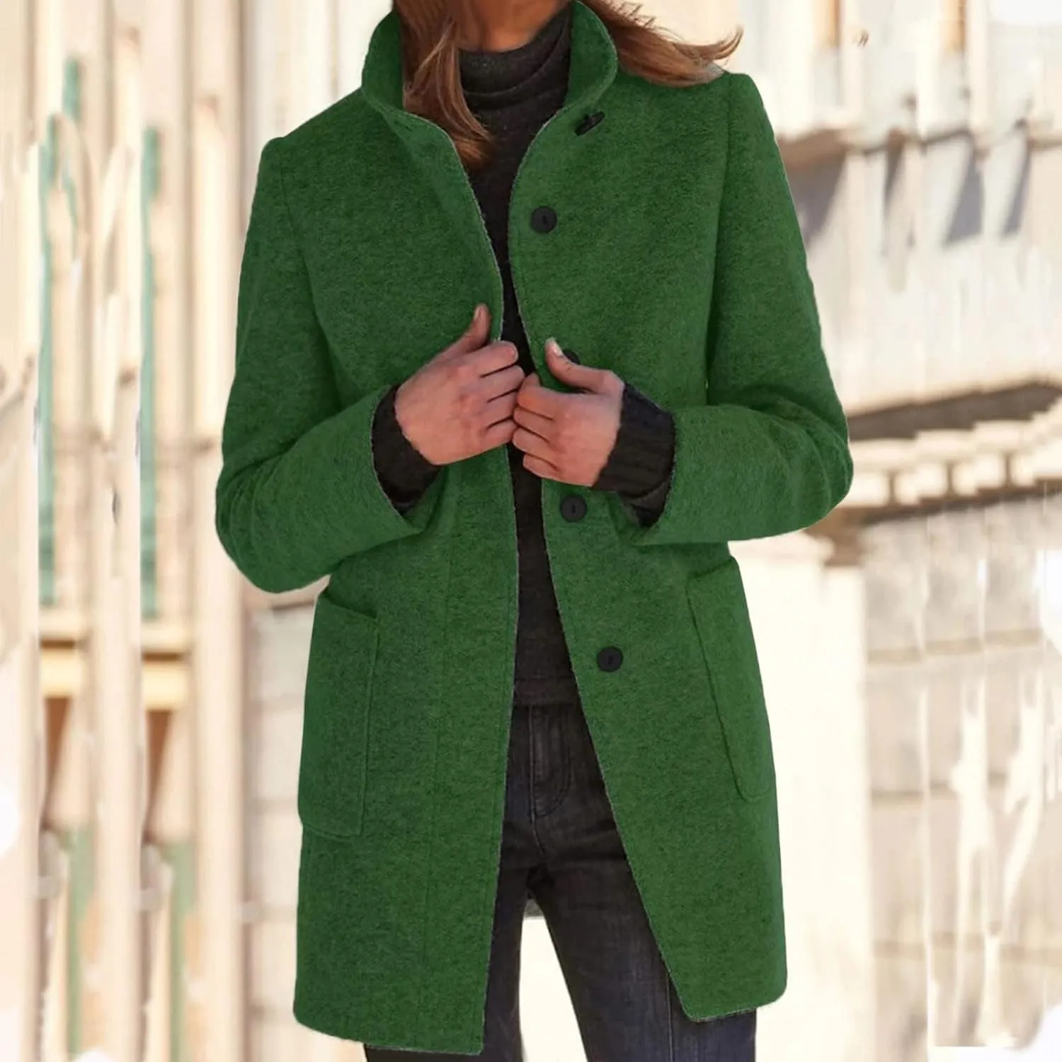 Long Pea Coats for Women Casual Thicken Wool Blend Stand Collar Single Breasted Peacoat Elegant Trench Coat Overcoat