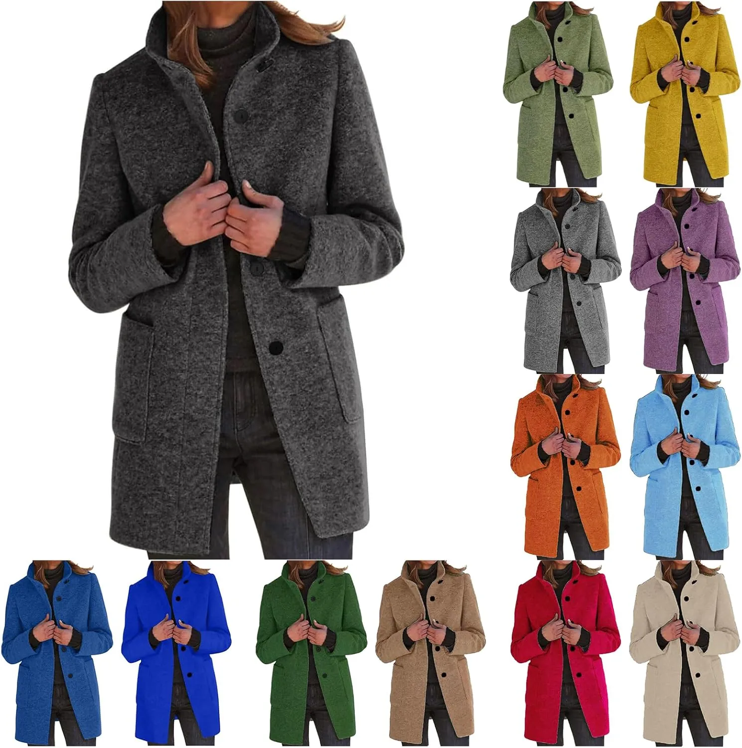 Long Pea Coats for Women Casual Thicken Wool Blend Stand Collar Single Breasted Peacoat Elegant Trench Coat Overcoat