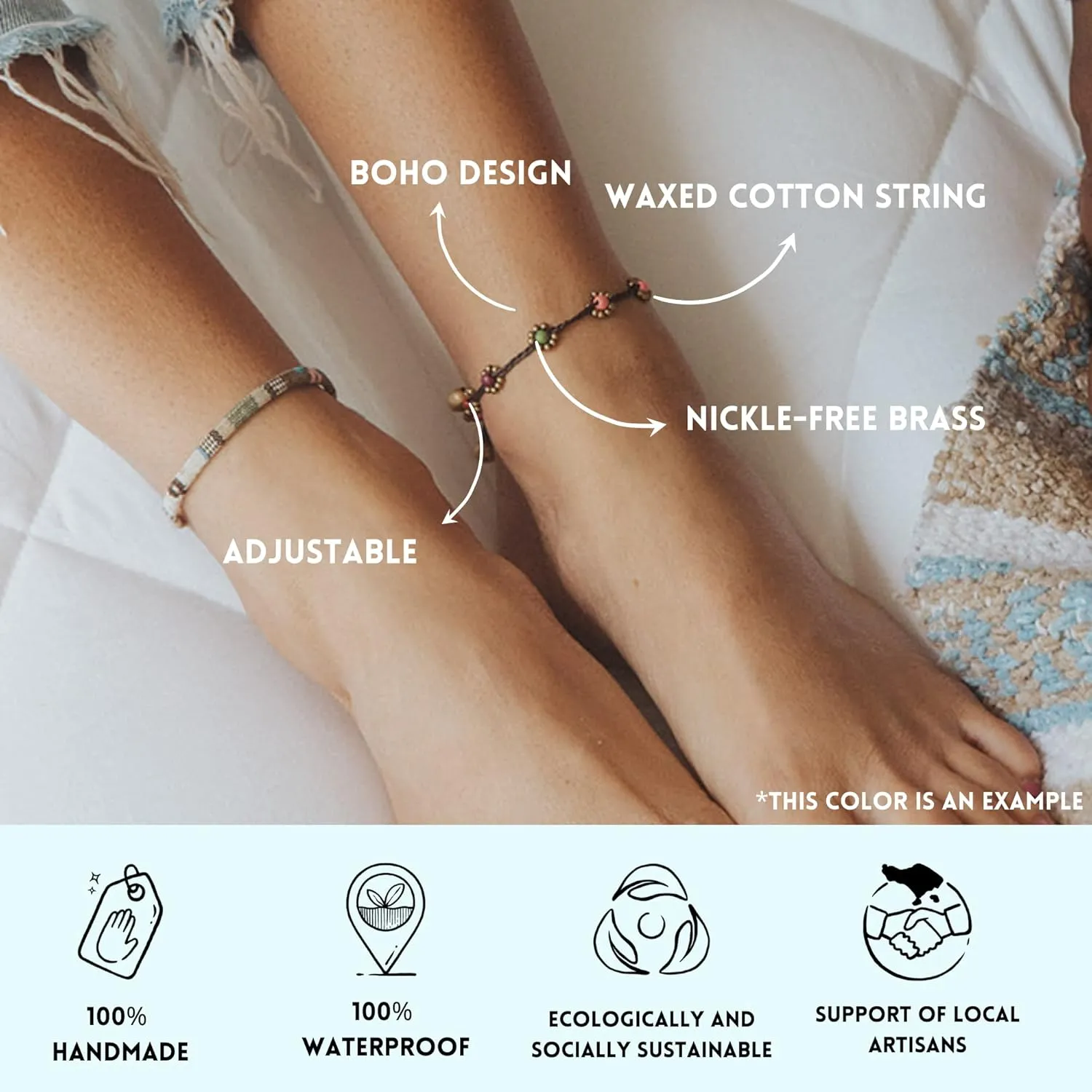 Made by Nami Boho Surfer Anklet Waterproof & Adjustable Beaded Anklets for Women Beachy Ankle Bracelet Made from Waxed Cotton Rope and Beads for Summer and Hippie Style (Multi Beads)