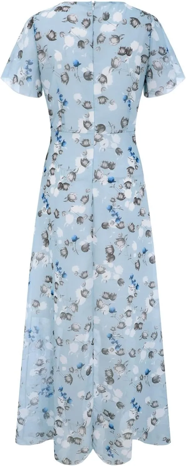 Maxi Dresses for Women Floral Print Flowy Chiffon Long Dress V Neck Ruffle Sleeve High Waist Vacation Summer Dress