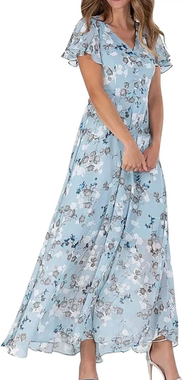 Maxi Dresses for Women Floral Print Flowy Chiffon Long Dress V Neck Ruffle Sleeve High Waist Vacation Summer Dress