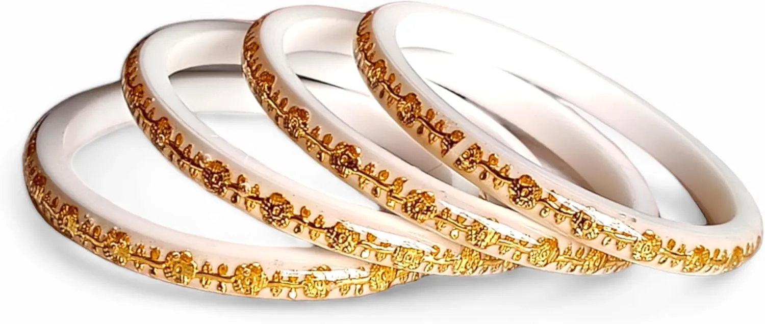 Meenakshi imitation Set of 4 White Brass Plastic Gold-plated Shakha Pola Bangles For Women Festival Wear Jewelry