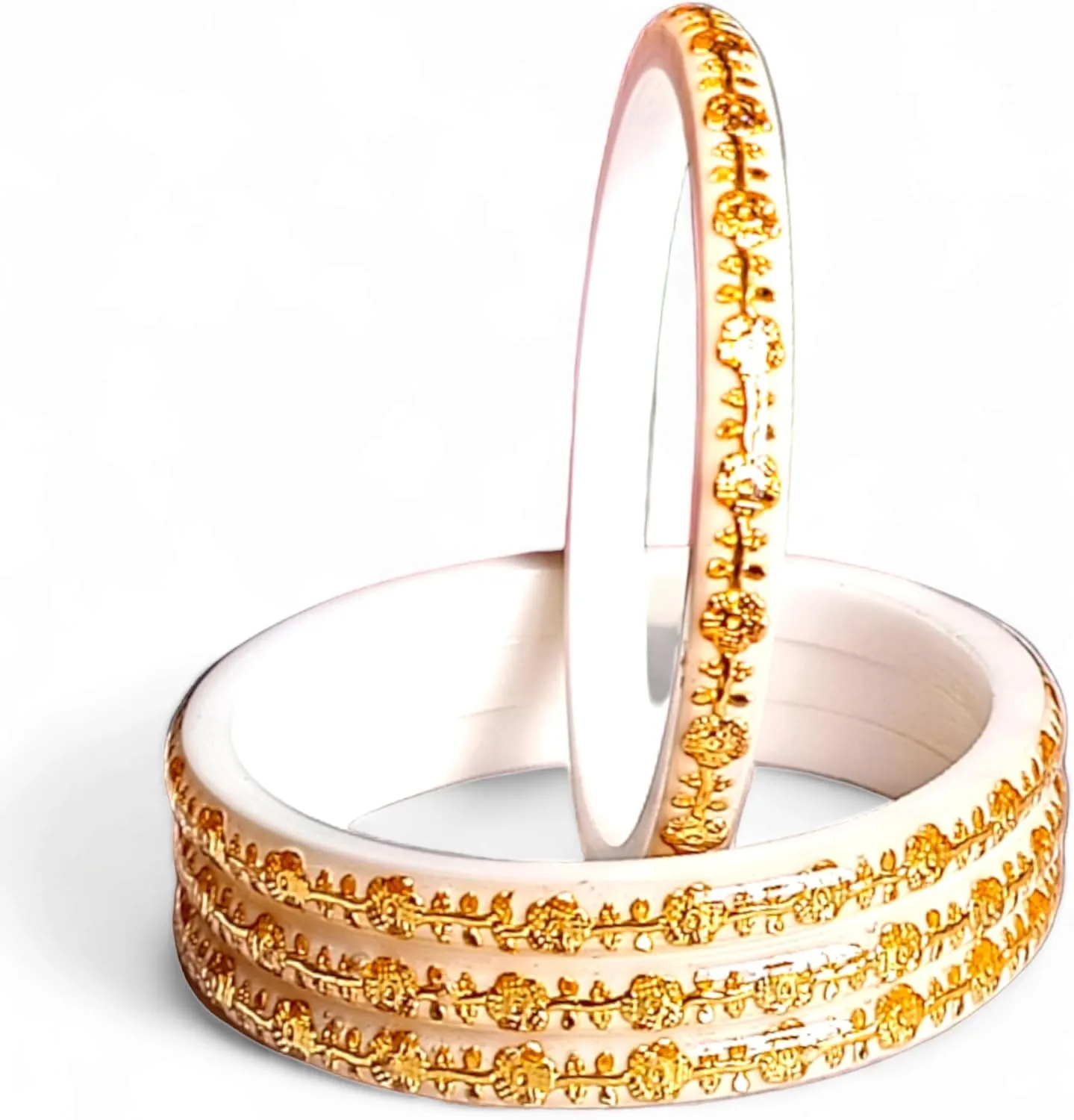 Meenakshi imitation Set of 4 White Brass Plastic Gold-plated Shakha Pola Bangles For Women Festival Wear Jewelry