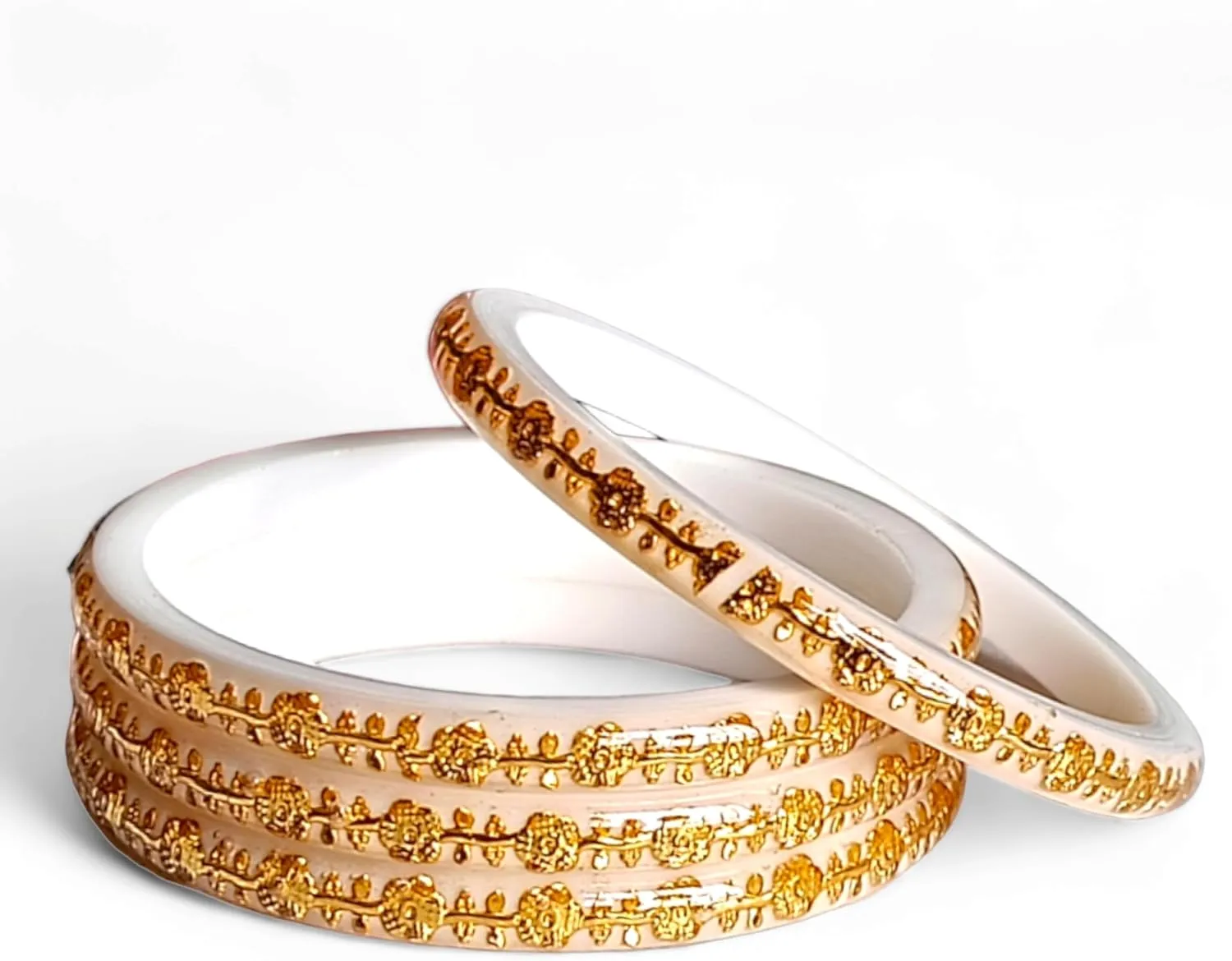 Meenakshi imitation Set of 4 White Brass Plastic Gold-plated Shakha Pola Bangles For Women Festival Wear Jewelry