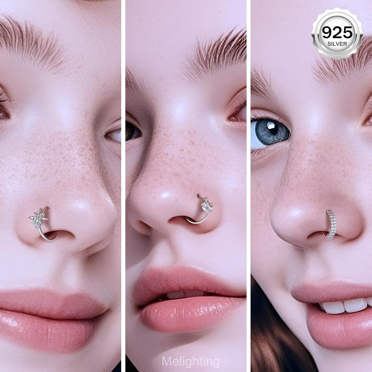 Melighting 20G Nose Ring Hoop 925 Sterling Silver Seamless Open Nose Piercing Dangle Heart Helix Earring Clear CZ 8 mm Cartilage Earring Nose Jewelry for Women