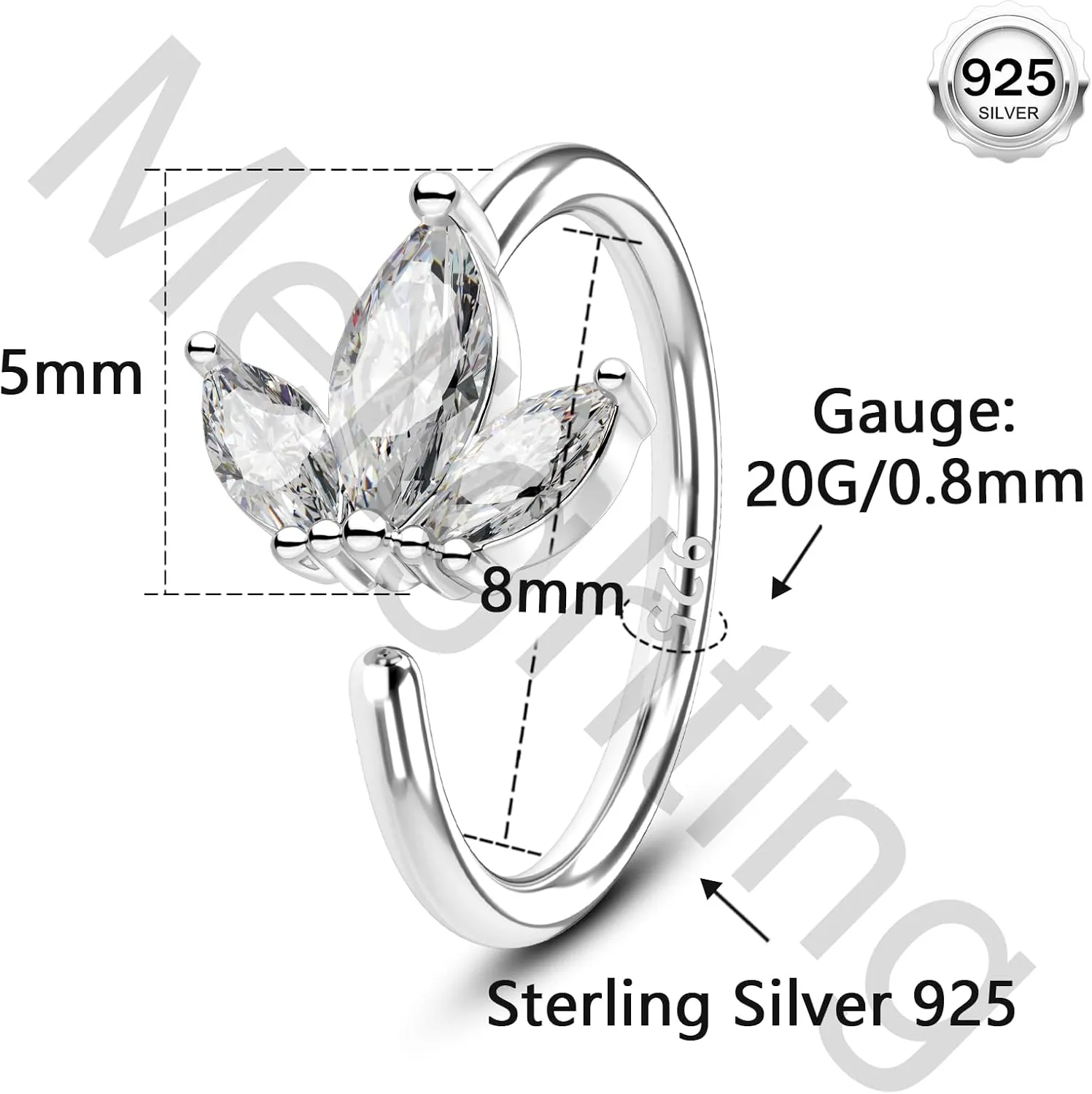Melighting 20G Nose Ring Hoop 925 Sterling Silver Seamless Open Nose Piercing Dangle Heart Helix Earring Clear CZ 8 mm Cartilage Earring Nose Jewelry for Women