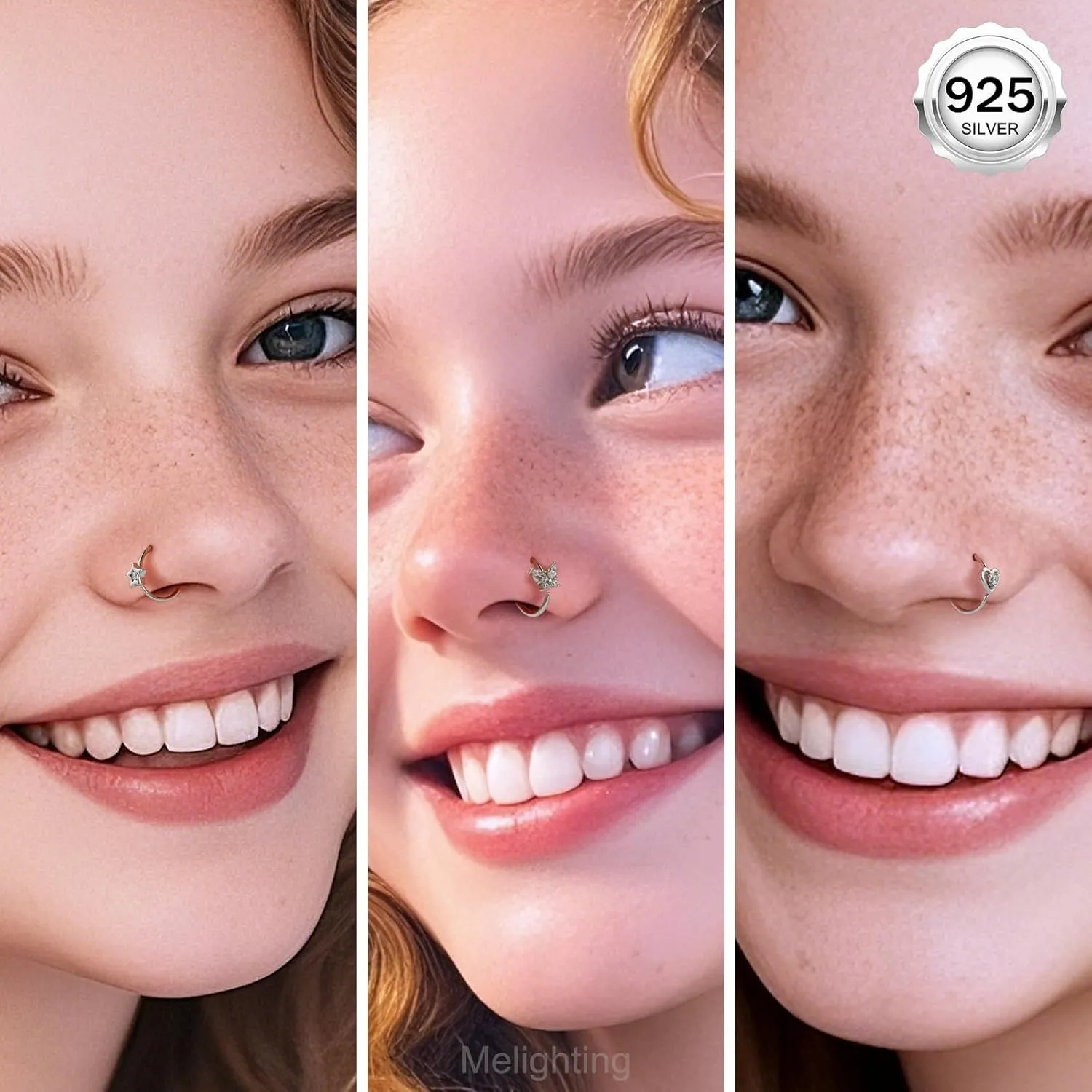 Melighting 20G Nose Ring Hoop 925 Sterling Silver Seamless Open Nose Piercing Dangle Heart Helix Earring Clear CZ 8 mm Cartilage Earring Nose Jewelry for Women