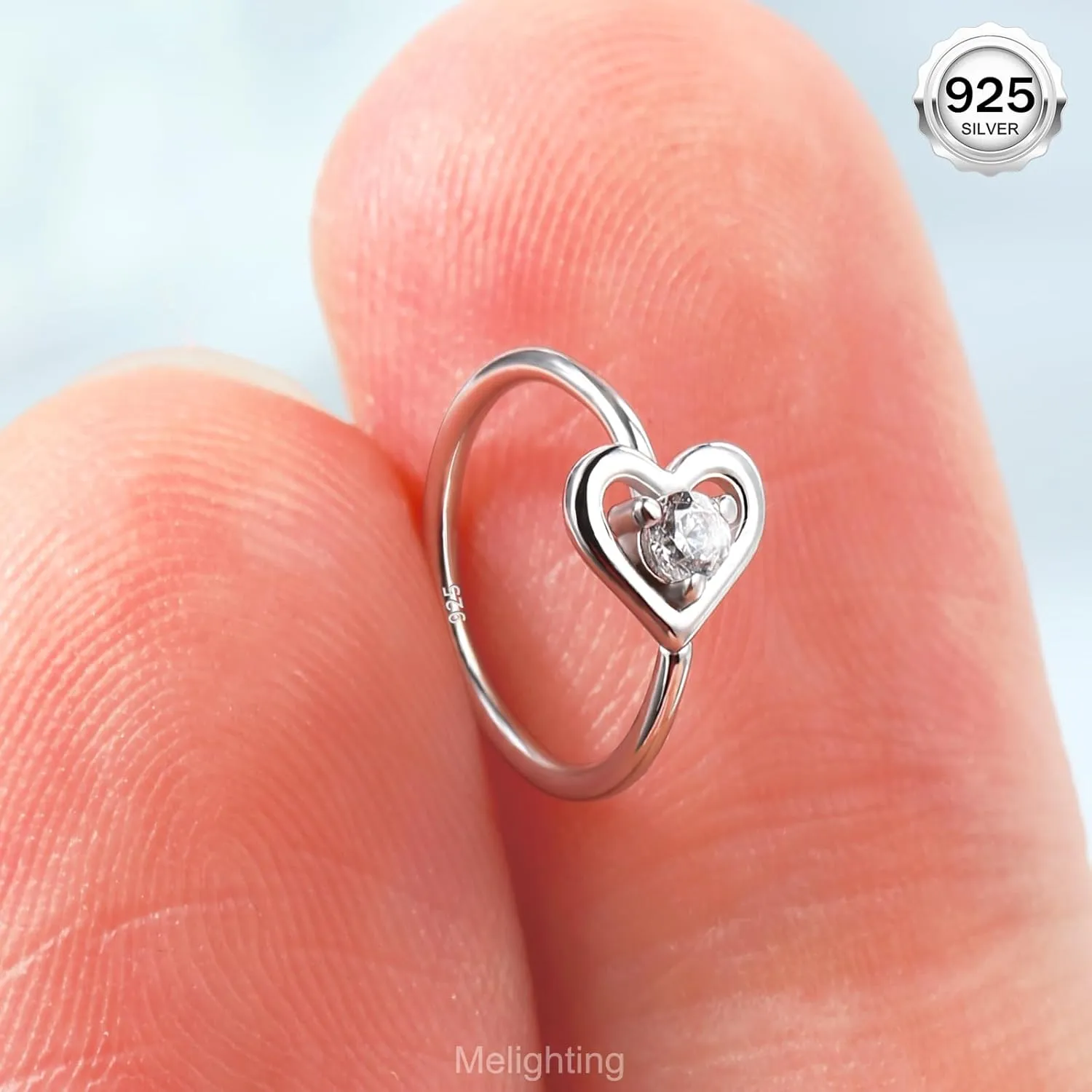 Melighting 20G Nose Ring Hoop 925 Sterling Silver Seamless Open Nose Piercing Dangle Heart Helix Earring Clear CZ 8 mm Cartilage Earring Nose Jewelry for Women