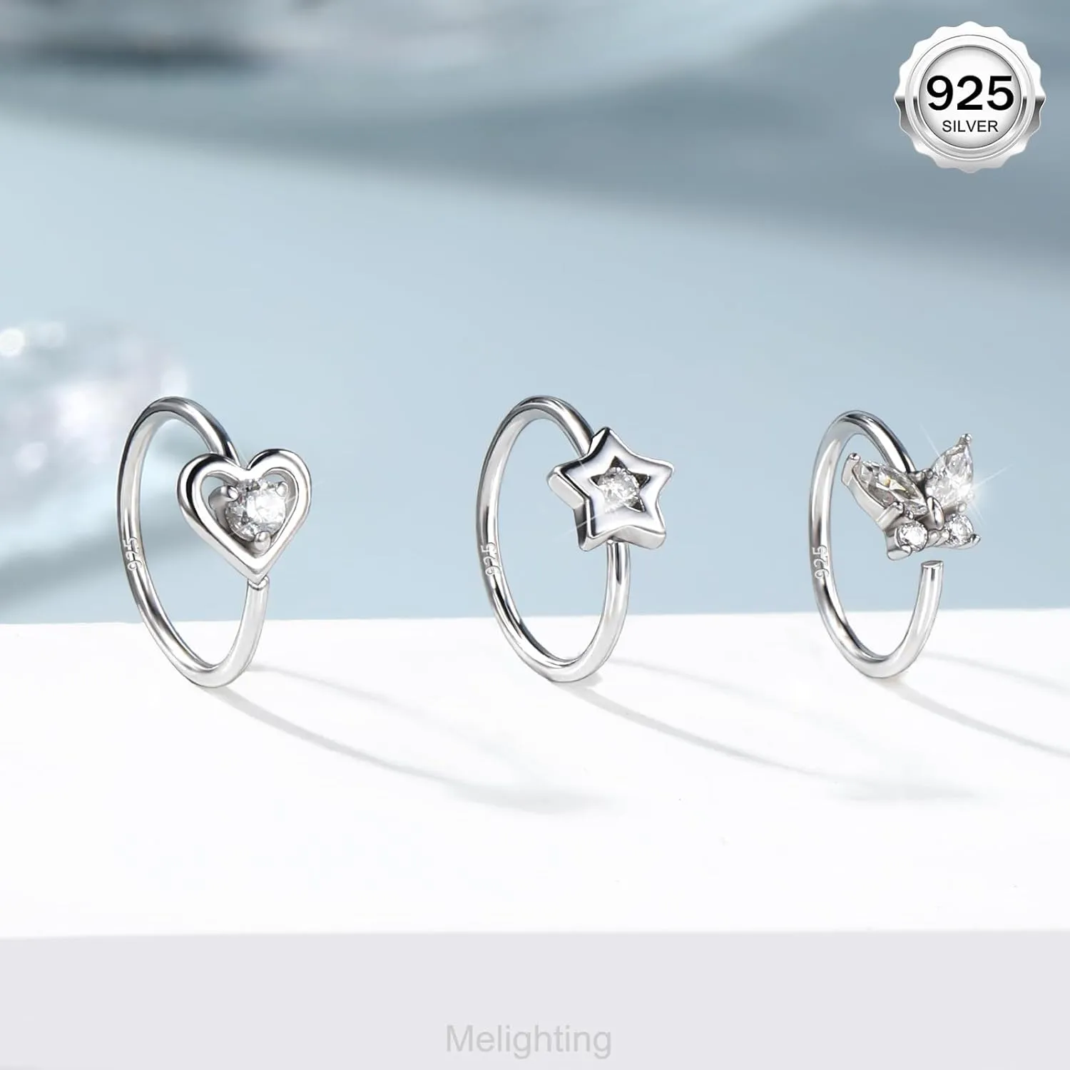 Melighting 20G Nose Ring Hoop 925 Sterling Silver Seamless Open Nose Piercing Dangle Heart Helix Earring Clear CZ 8 mm Cartilage Earring Nose Jewelry for Women