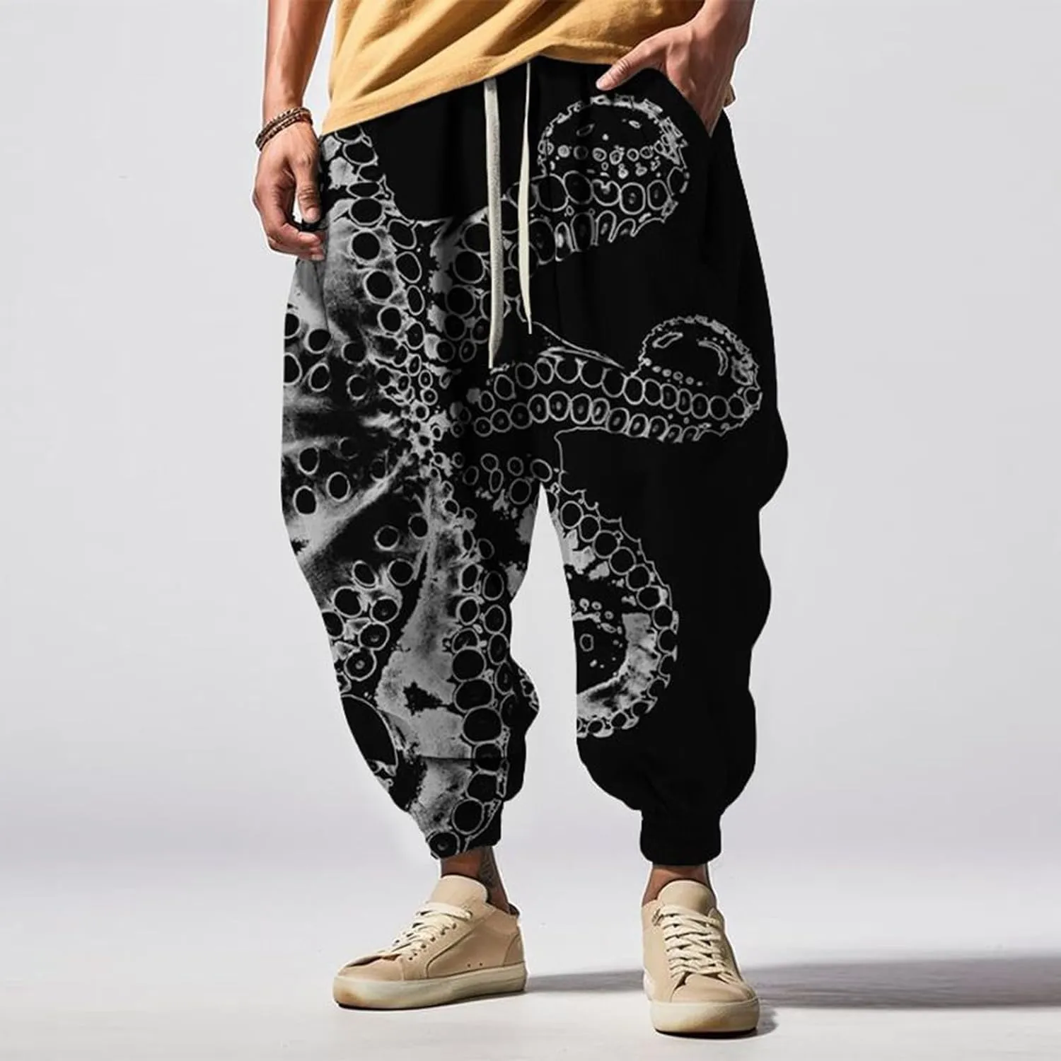 Mens Casual Hip Hop Cinch Bottom Harem Pants Funny Pattern Hippie Aladdin Dance Pants Oversized Yoga Peasant Trousers