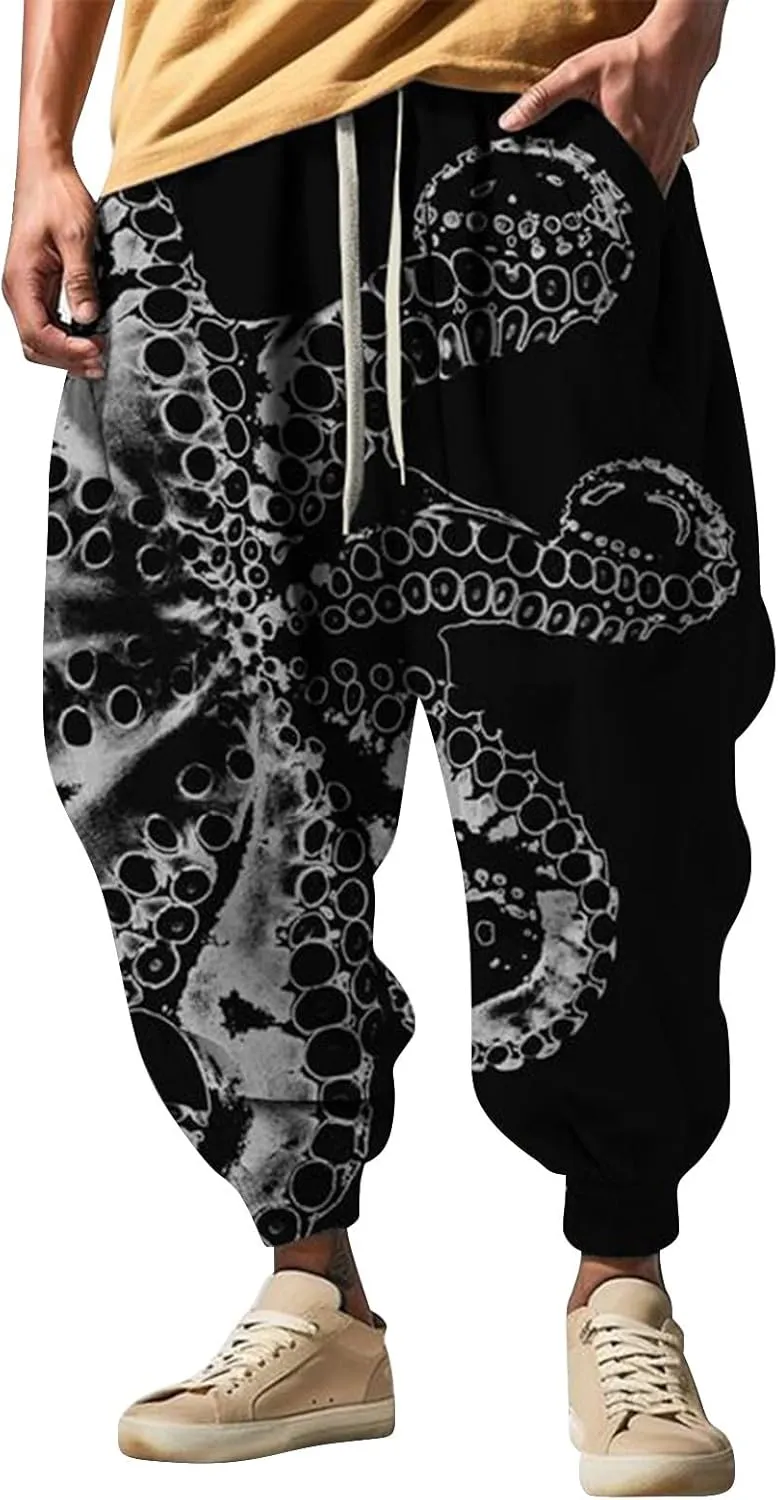 Mens Casual Hip Hop Cinch Bottom Harem Pants Funny Pattern Hippie Aladdin Dance Pants Oversized Yoga Peasant Trousers