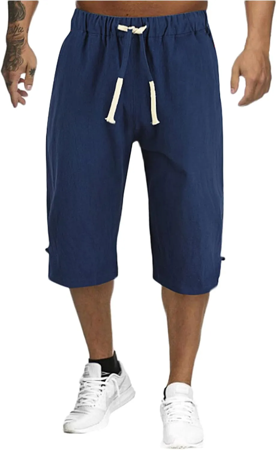 Mens Cotton Linen Wide Leg Capri Yoga Beach Pants Casual Drawstring Shorts Summer Lightweight Elastic Waist Baggy Harem Pants