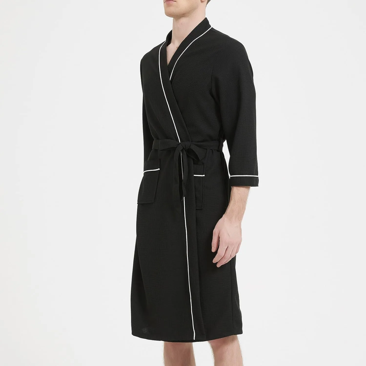 Men's Cotton Robe Plus Bathrobe Lightweight Spa Soft Sleepwear Solid Pockets Binding Rope Long Sleeves Pajama Robes