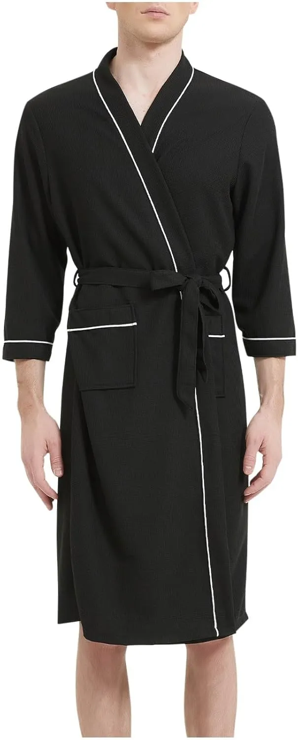 Men's Cotton Robe Plus Bathrobe Lightweight Spa Soft Sleepwear Solid Pockets Binding Rope Long Sleeves Pajama Robes