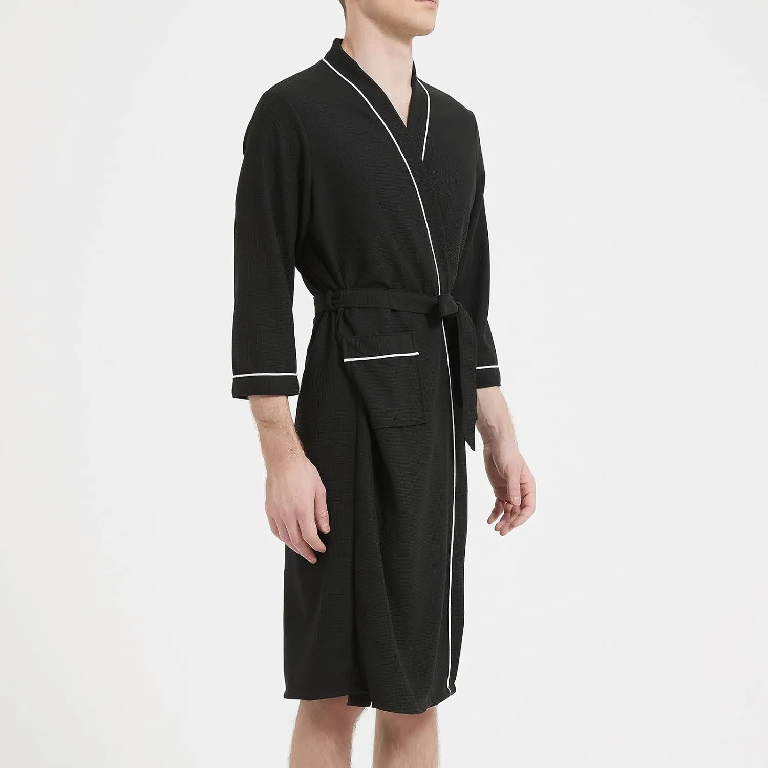 Men's Cotton Robe Plus Bathrobe Lightweight Spa Soft Sleepwear Solid Pockets Binding Rope Long Sleeves Pajama Robes