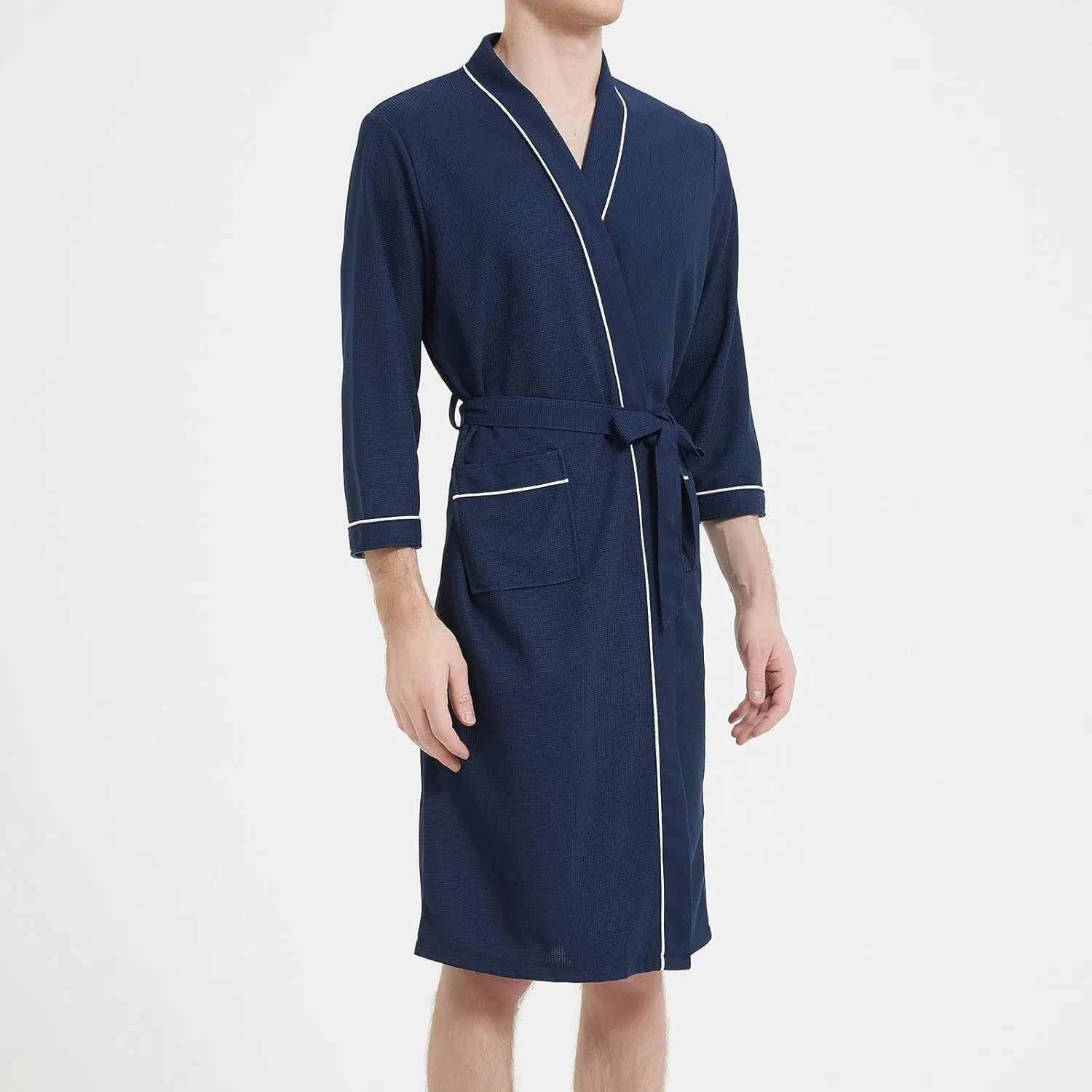 Men's Cotton Robe Plus Bathrobe Lightweight Spa Soft Sleepwear Solid Pockets Binding Rope Long Sleeves Pajama Robes