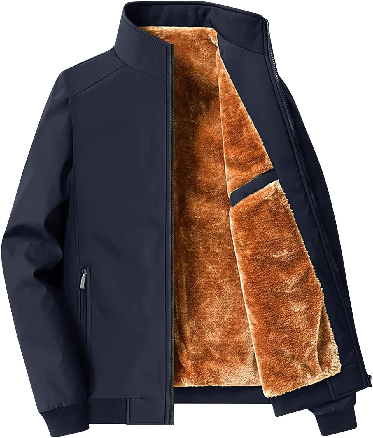 Mens Fashion Plush Thick Jacket Winter Fleece Lined Warm Coat Stand Collar Zipper Pocket Parka Work Cargo Windbreaker