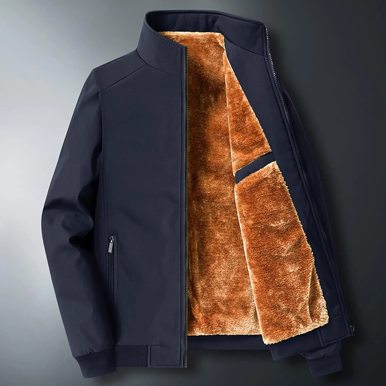 Mens Fashion Plush Thick Jacket Winter Fleece Lined Warm Coat Stand Collar Zipper Pocket Parka Work Cargo Windbreaker