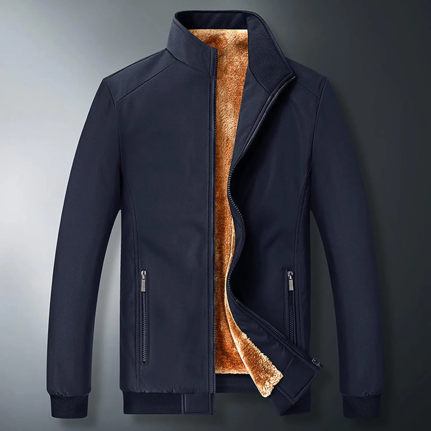 Mens Fashion Plush Thick Jacket Winter Fleece Lined Warm Coat Stand Collar Zipper Pocket Parka Work Cargo Windbreaker