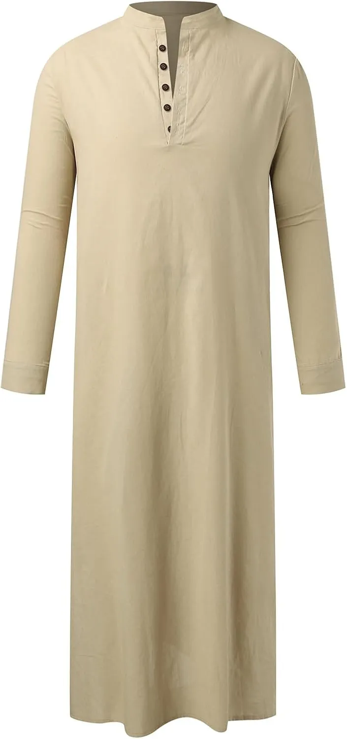 Mens Middle Arabic Style Long Mens Button Muslim Robe Long Sleeve Robe Side Slit Robe Mens Short Sleeve Athletic